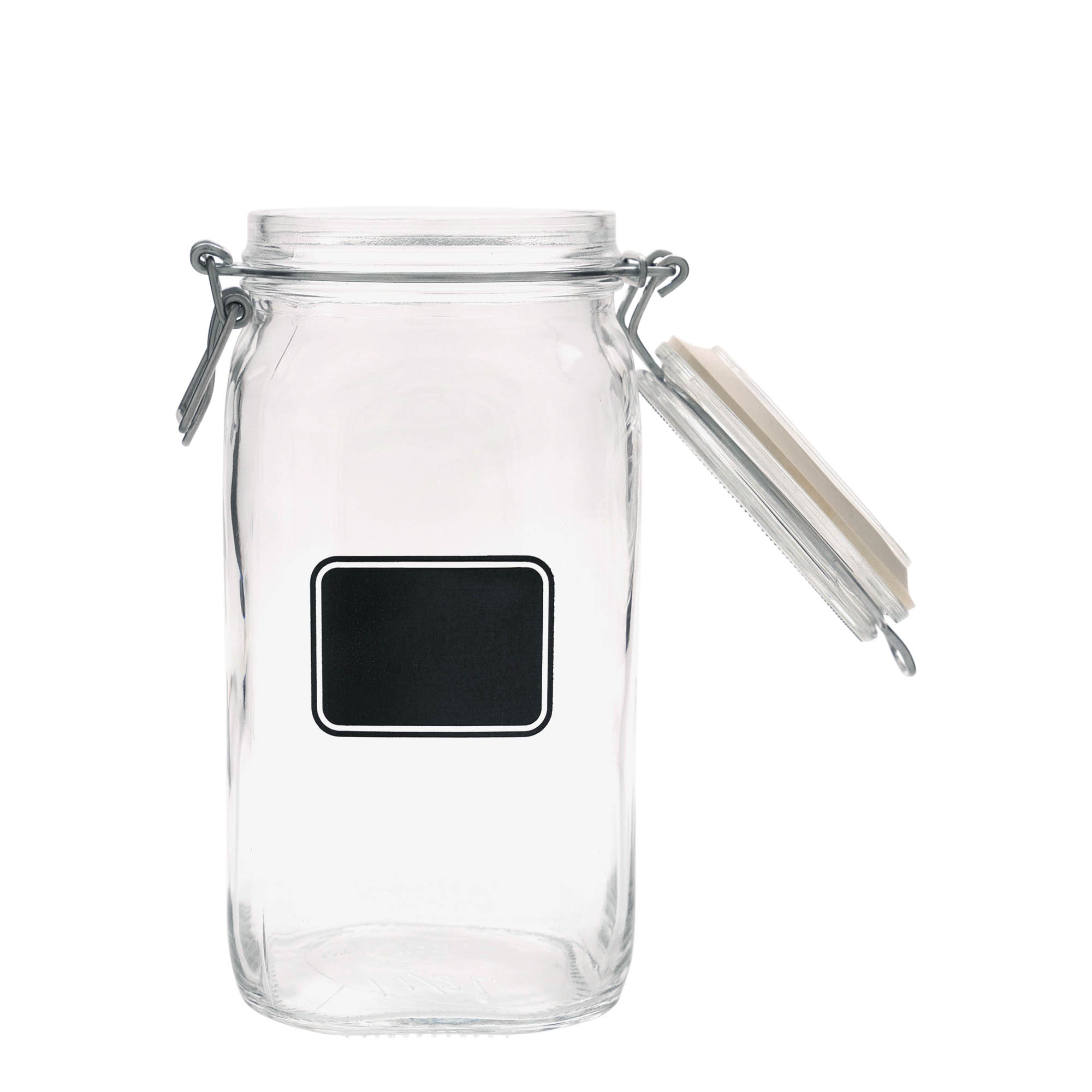 1.500 ml trådspenneglass 'Fido', motiv: etikettfelt, firkantet, åpning: trådspennelokk