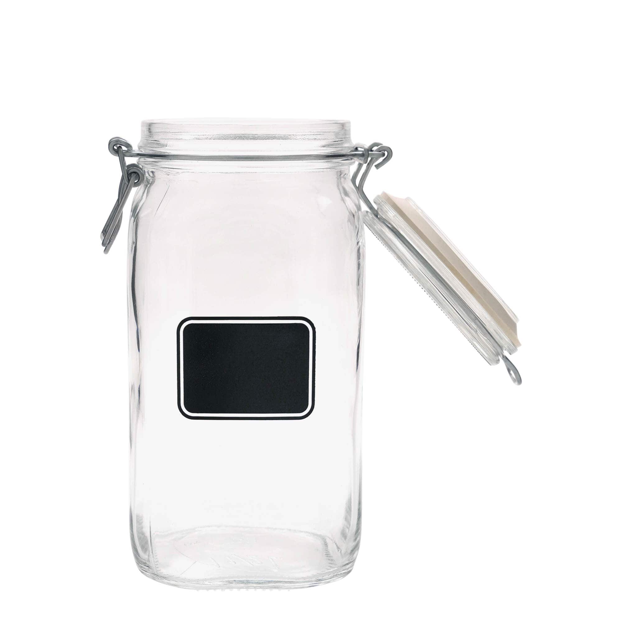 1.500 ml trådspenneglass 'Fido', motiv: etikettfelt, firkantet, åpning: trådspennelokk