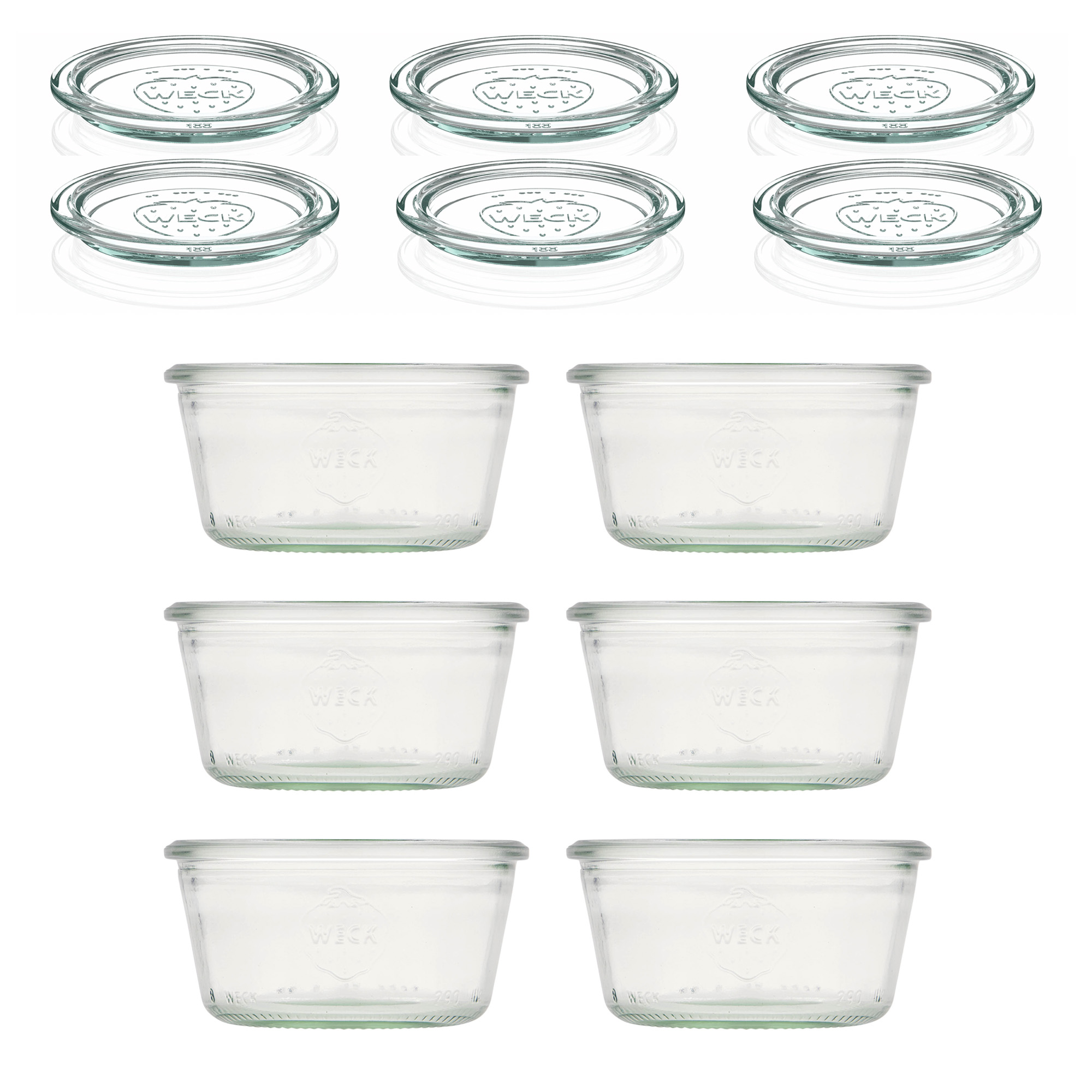 6x 290 ml lavt WECK-sylteglass av terrintype med glasslokk RR 100