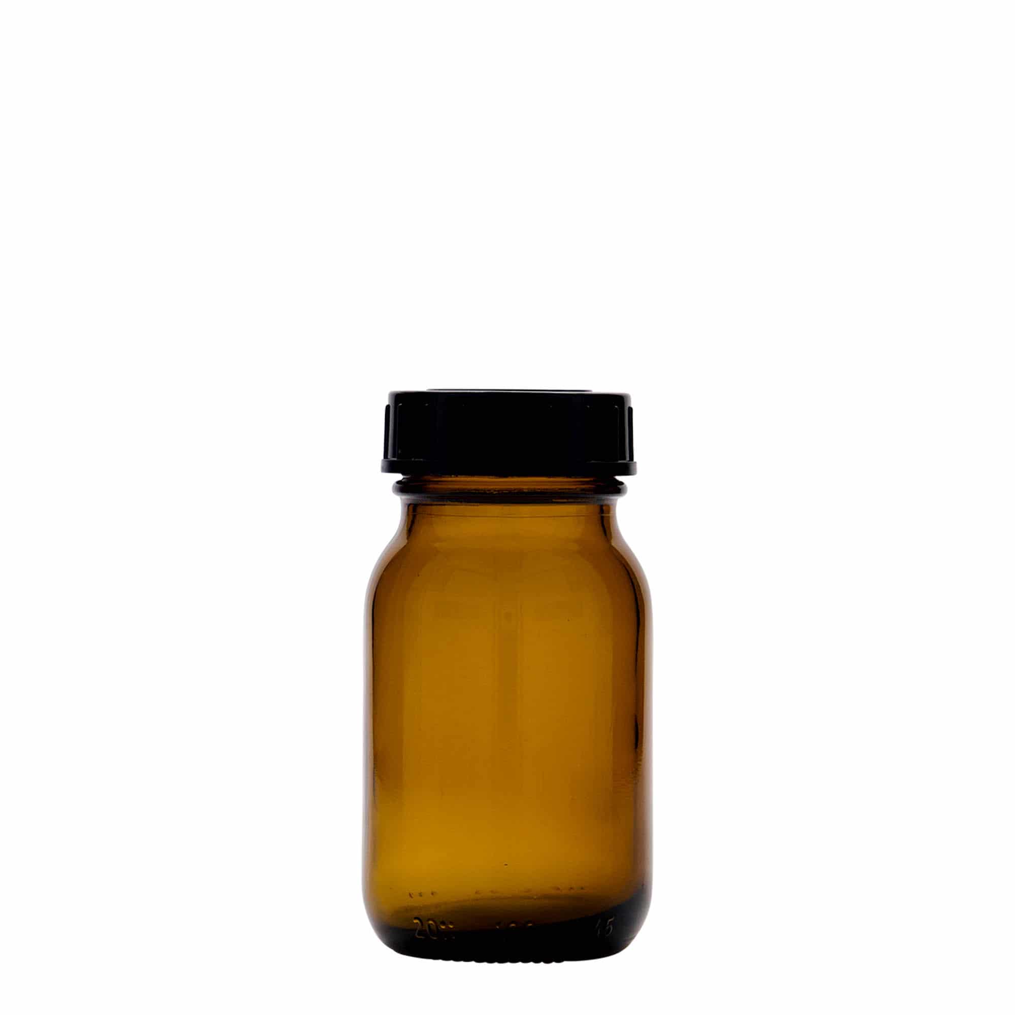 100 ml bredhalsglass, brun, åpning: DIN 40