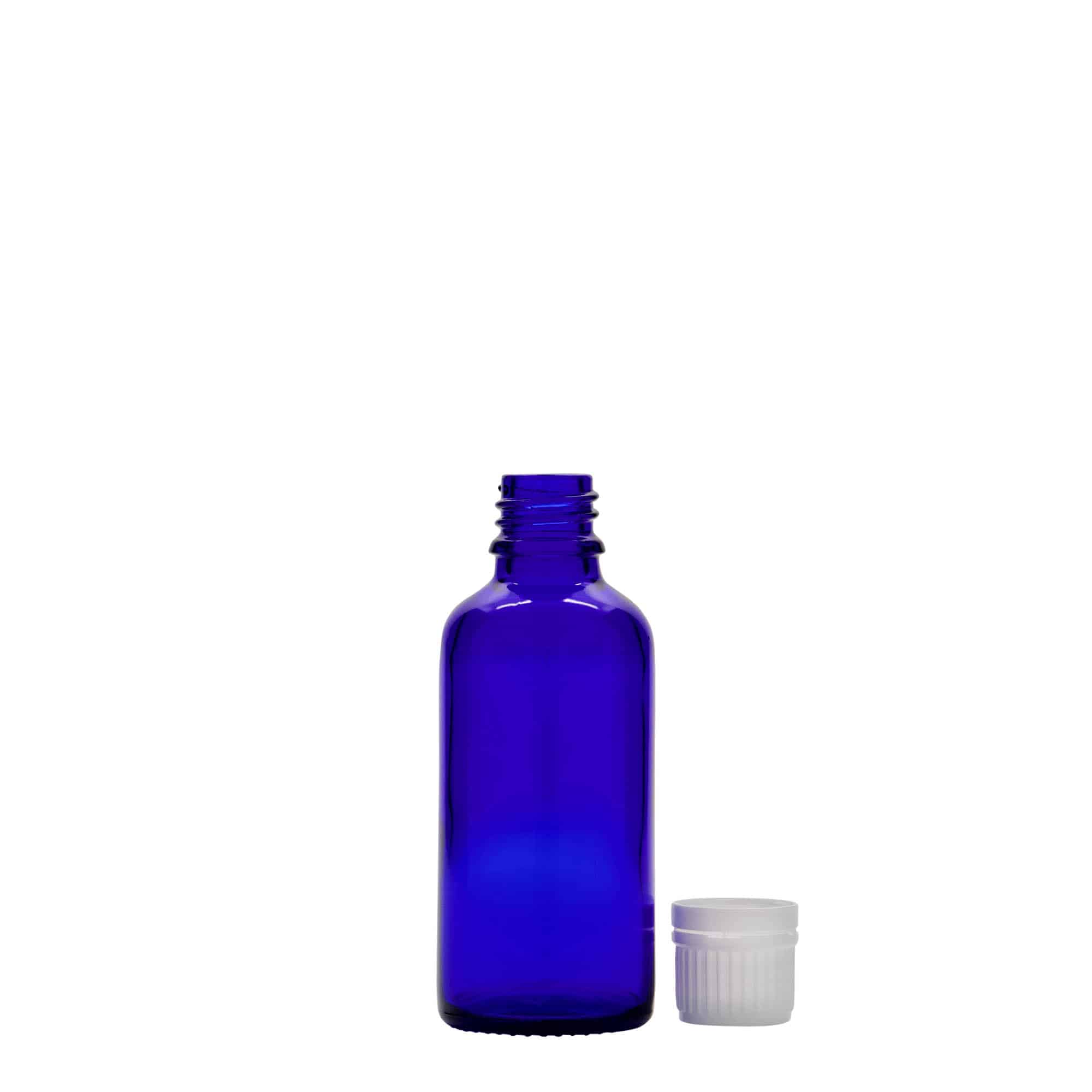 50 ml medisinflaske, glass, kongeblå, åpning: DIN 18 50 ml medisinflaske, glass, kongeblå, åpning: DIN 18