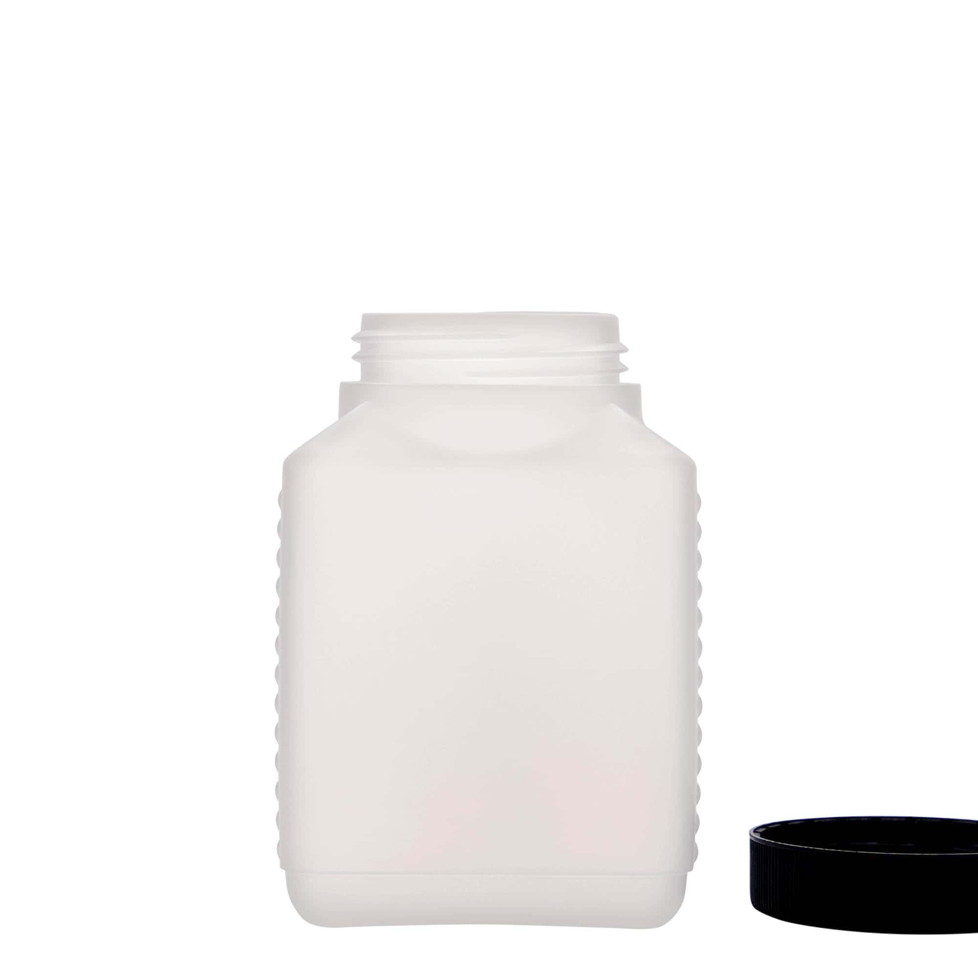 500 ml bredhalsflaske, rektangulær, HDPE-plast, natur, åpning: DIN 60 EPE
