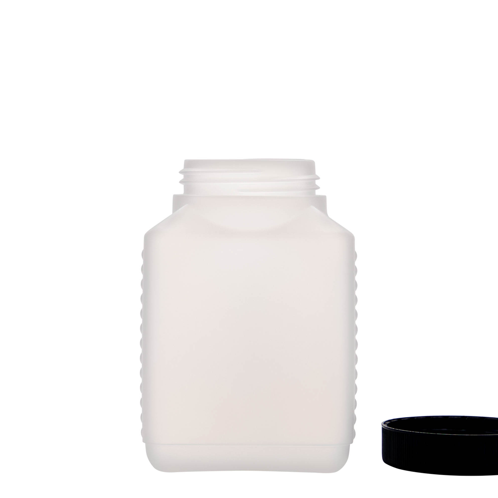 500 ml bredhalsflaske, rektangulær, HDPE-plast, natur, åpning: DIN 60 EPE