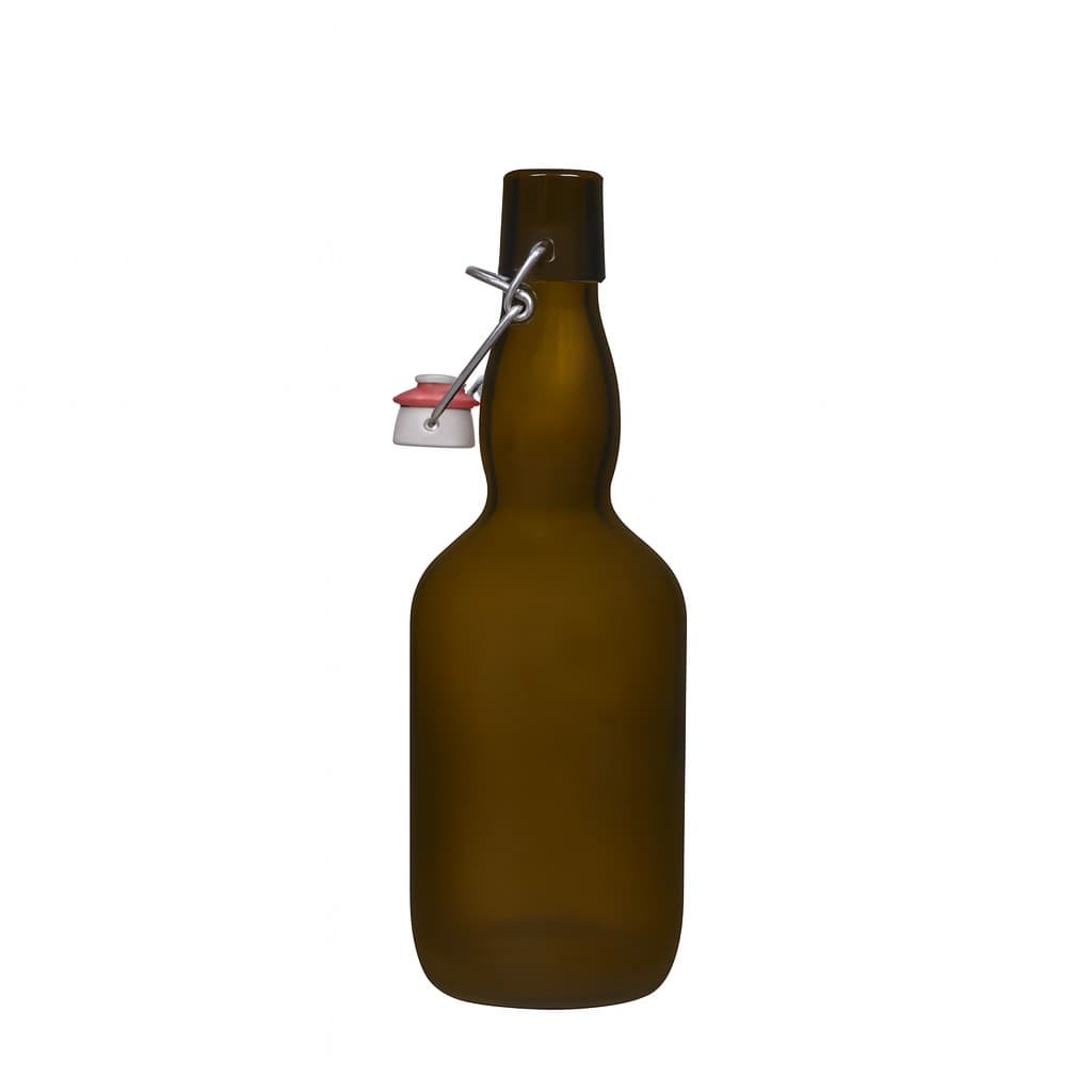 500 ml ølflaske med kragehals, glass, antikkgrønn, åpning: patentkork
