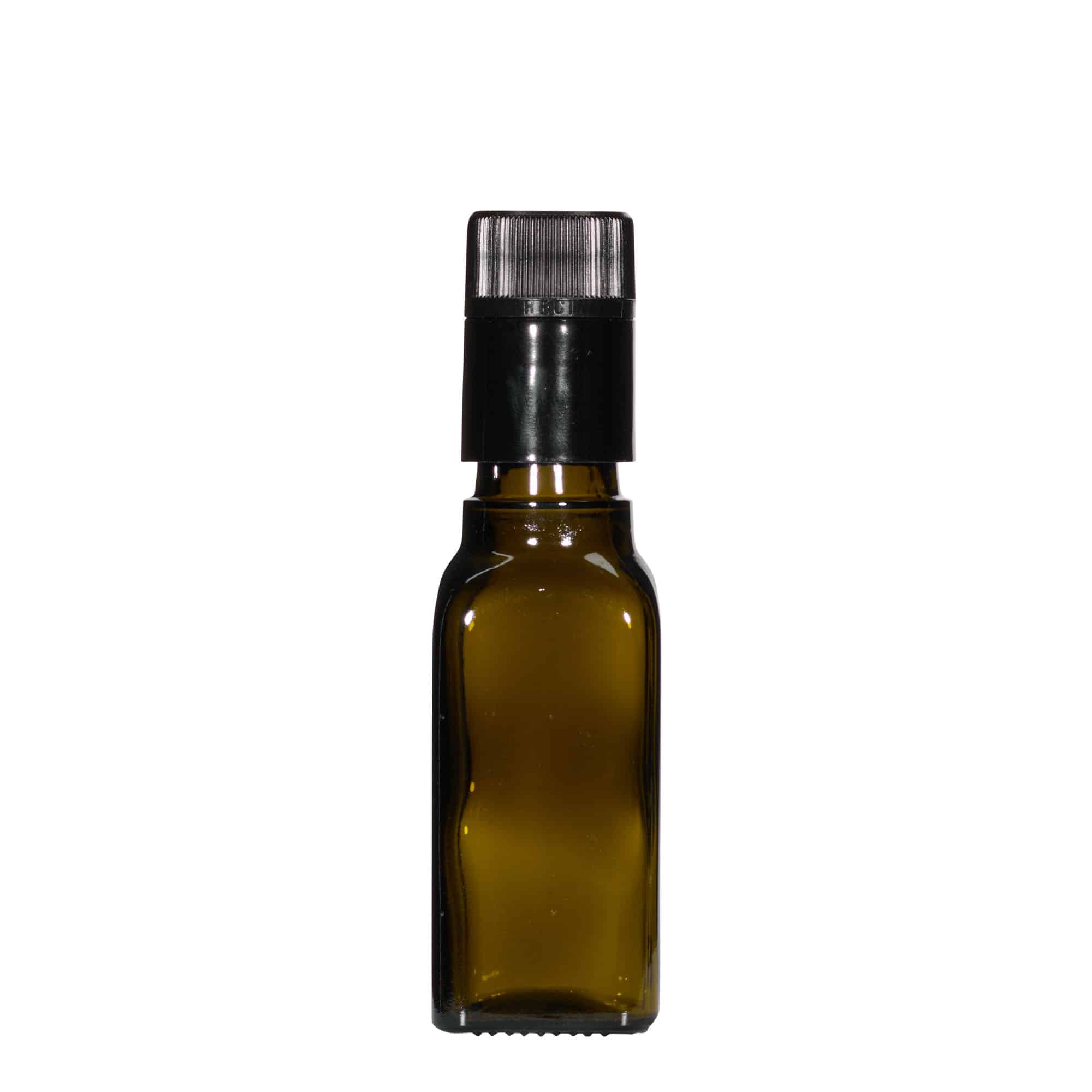 100 ml eddik-/oljeflaske "Quadra", glass, kvadratisk, antikkgrønn, åpning: DOP