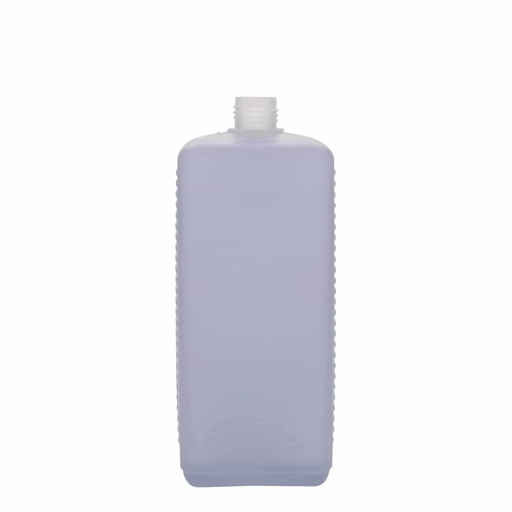 1000 ml beholderflaske, firkantet, HDPE-plast, natur, åpning: DIN 25 EPE