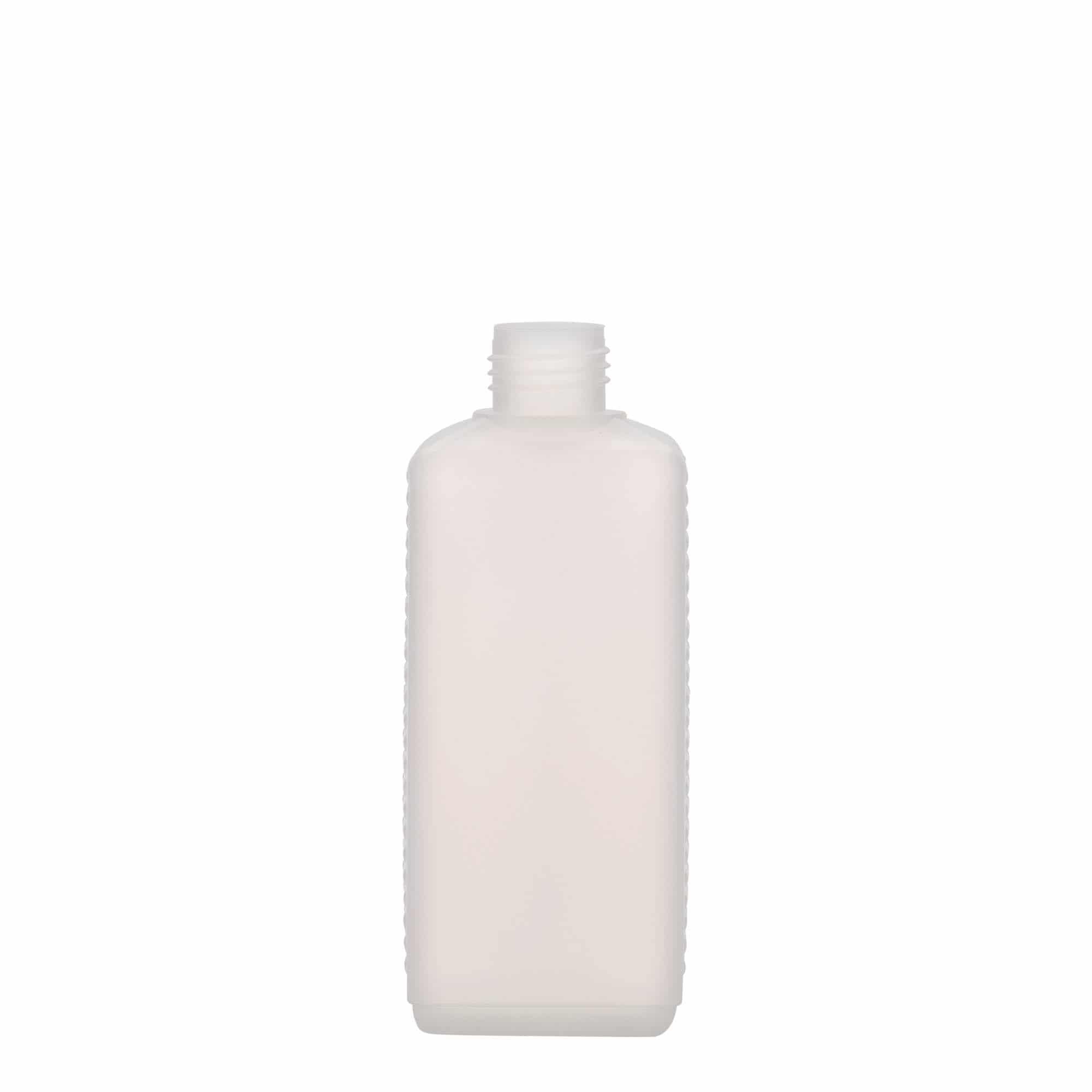 250 ml beholderflaske, firkantet, HDPE-plast, natur, åpning: DIN 25 EPE 250 ml beholderflaske, firkantet, HDPE-plast, natur, åpning: DIN 25 EPE