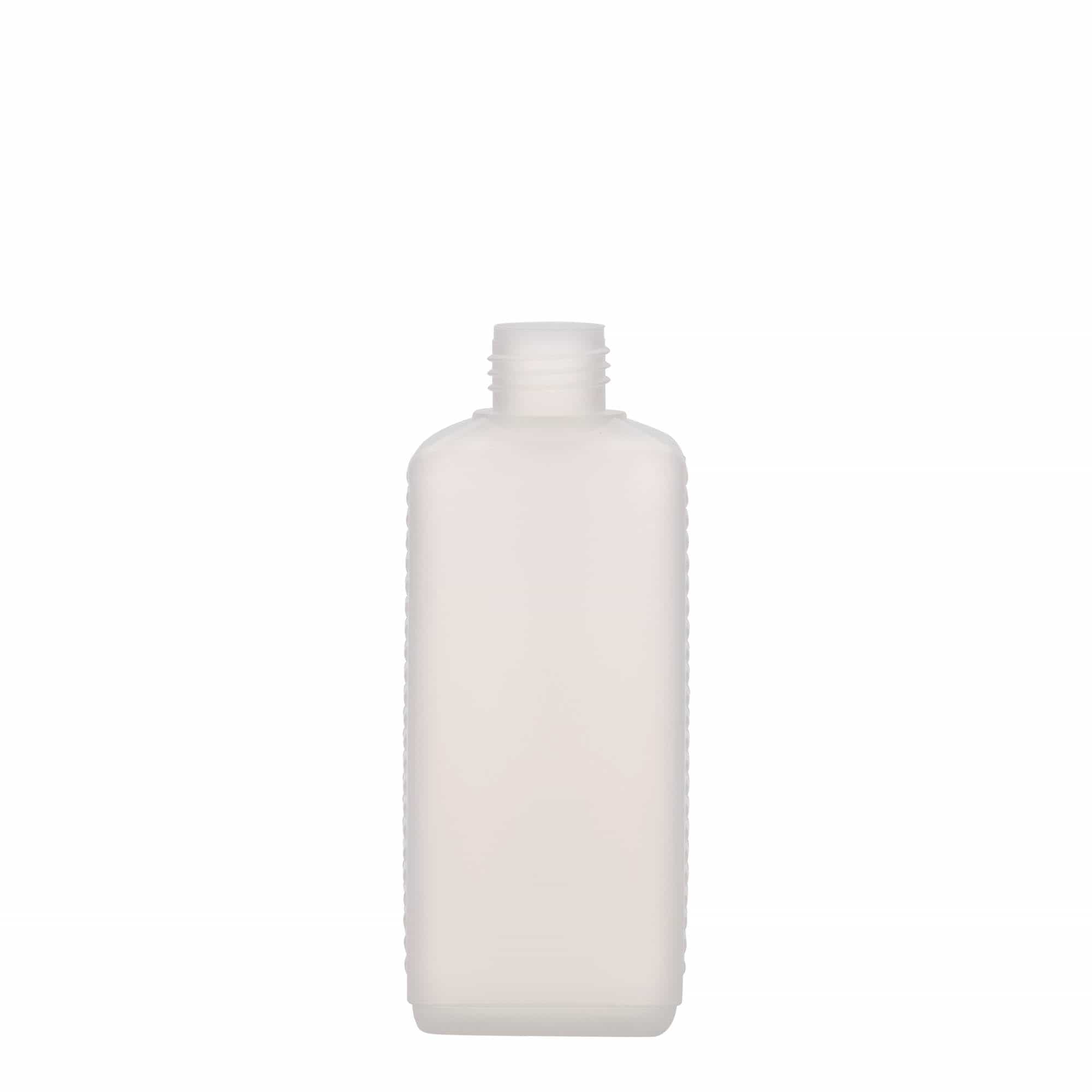 250 ml kanisterflaske, rektangulær, HDPE-plast, natur, åpning: DIN 25 EPE