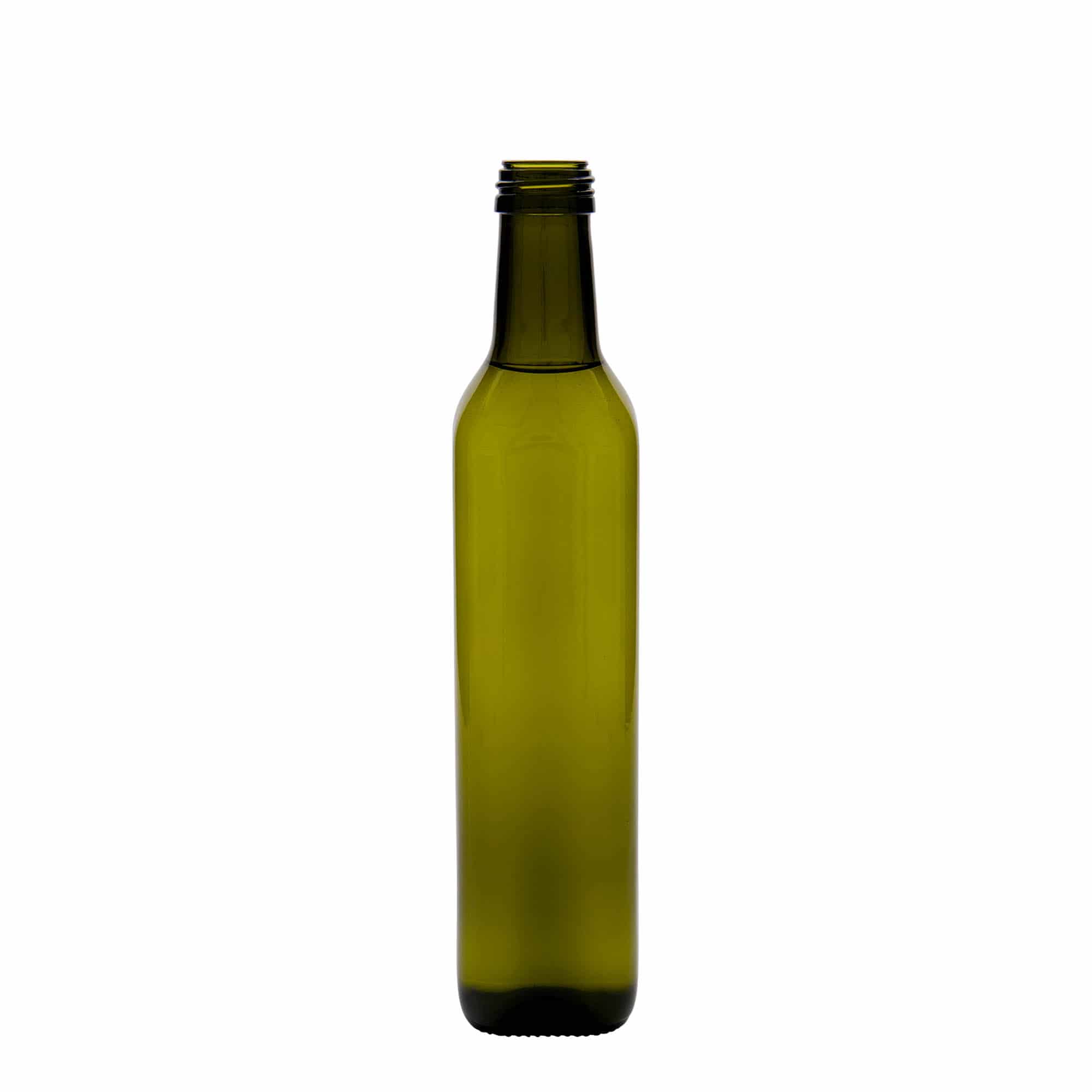 500 ml glassflaske "Marasca", kvadratisk, antikkgrønn, åpning: PP 31,5