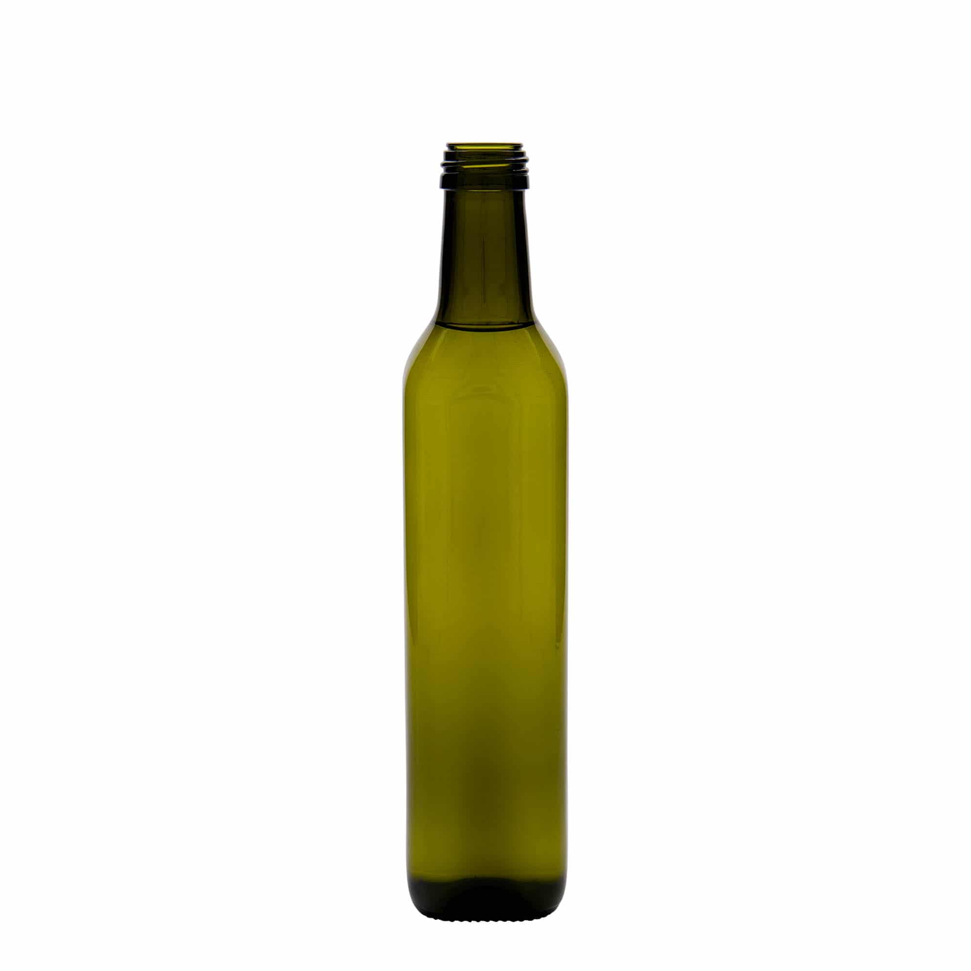 500 ml glassflaske 'Marasca', firkantet, antikkgrønn, åpning: PP 31,5