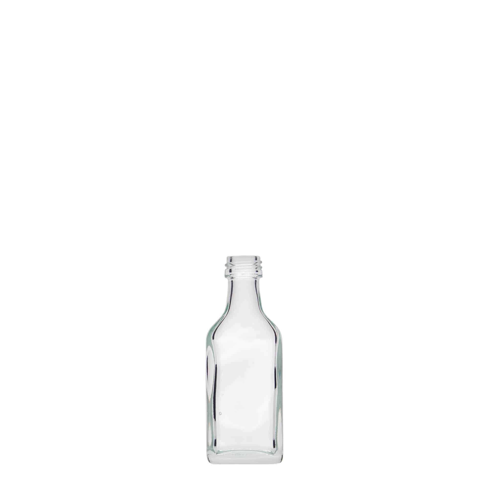 20 ml lommeflaske, firkantet, glass, åpning: PP 18 20 ml lommeflaske, firkantet, glass, åpning: PP 18