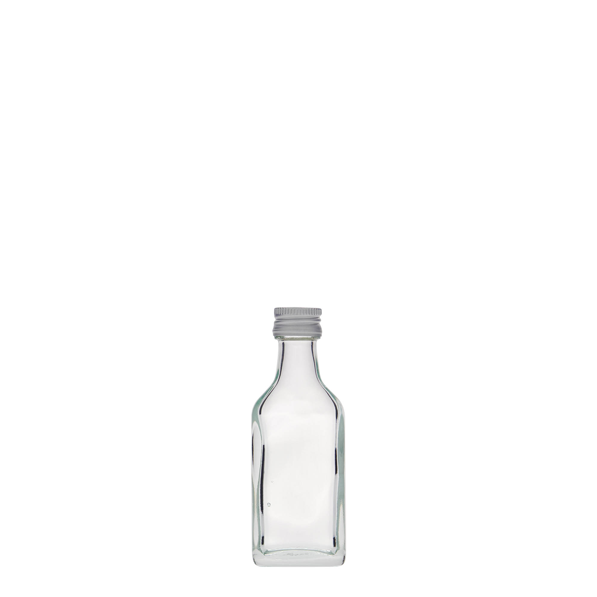20 ml lommeflaske, rektangulær, glass, åpning: PP 18 20 ml lommeflaske, rektangulær, glass, åpning: PP 18