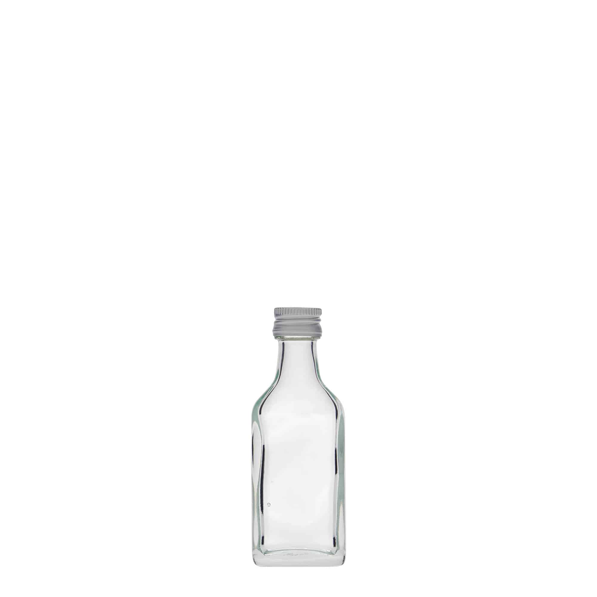20 ml lommeflaske, rektangulær, glass, åpning: PP 18