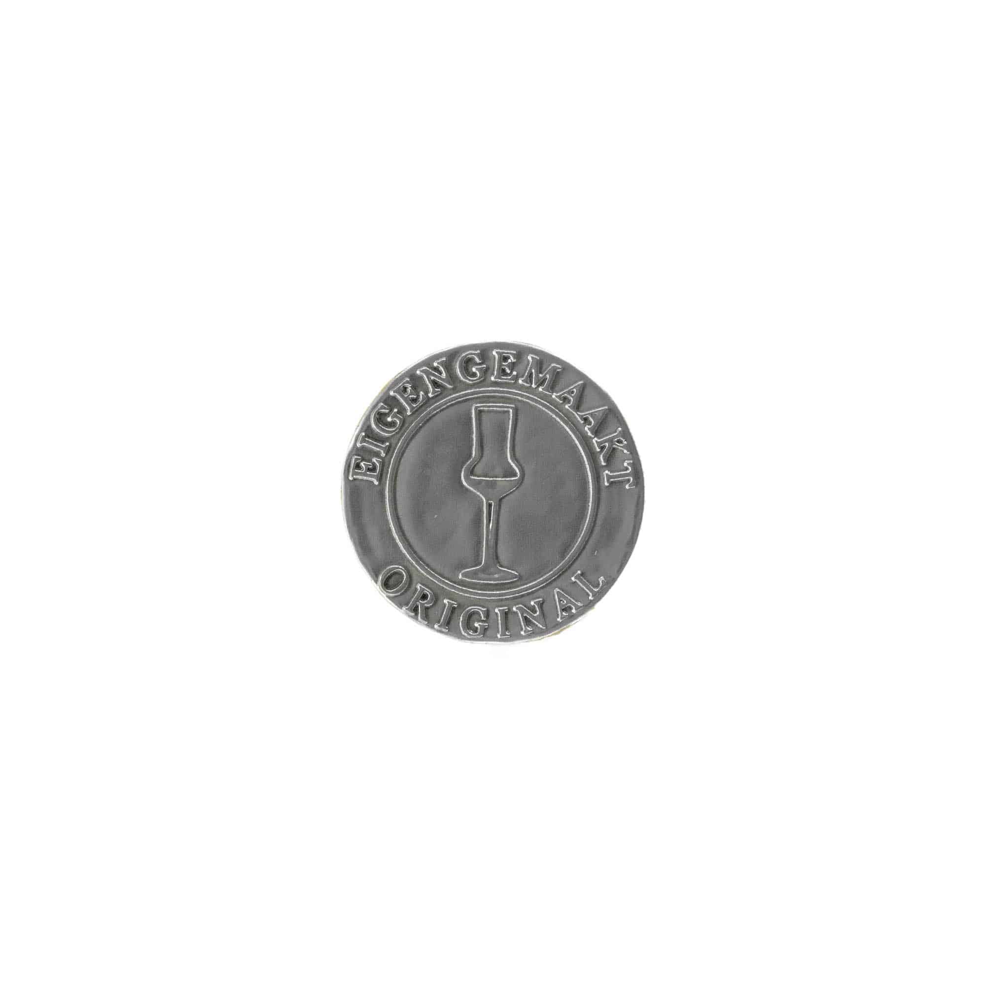 Tinnetikett "Eigengemaakt", rund, metall, sølv Tinnetikett "Eigengemaakt", rund, metall, sølv
