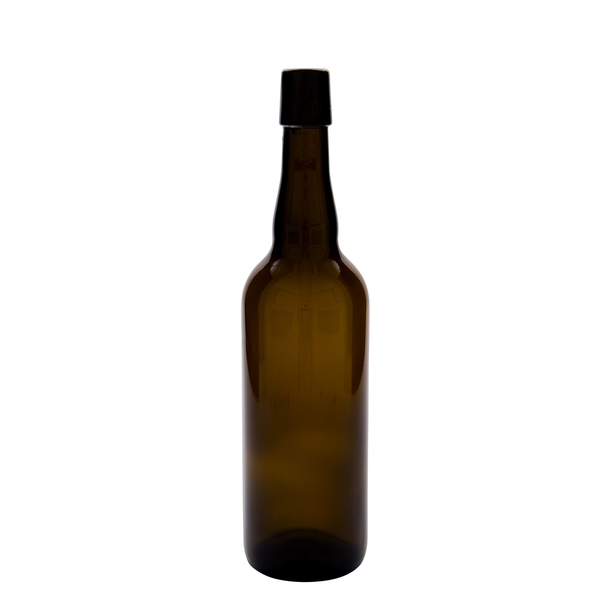 750 ml ølflaske Belgia, glass, brun, åpning: patentkork
