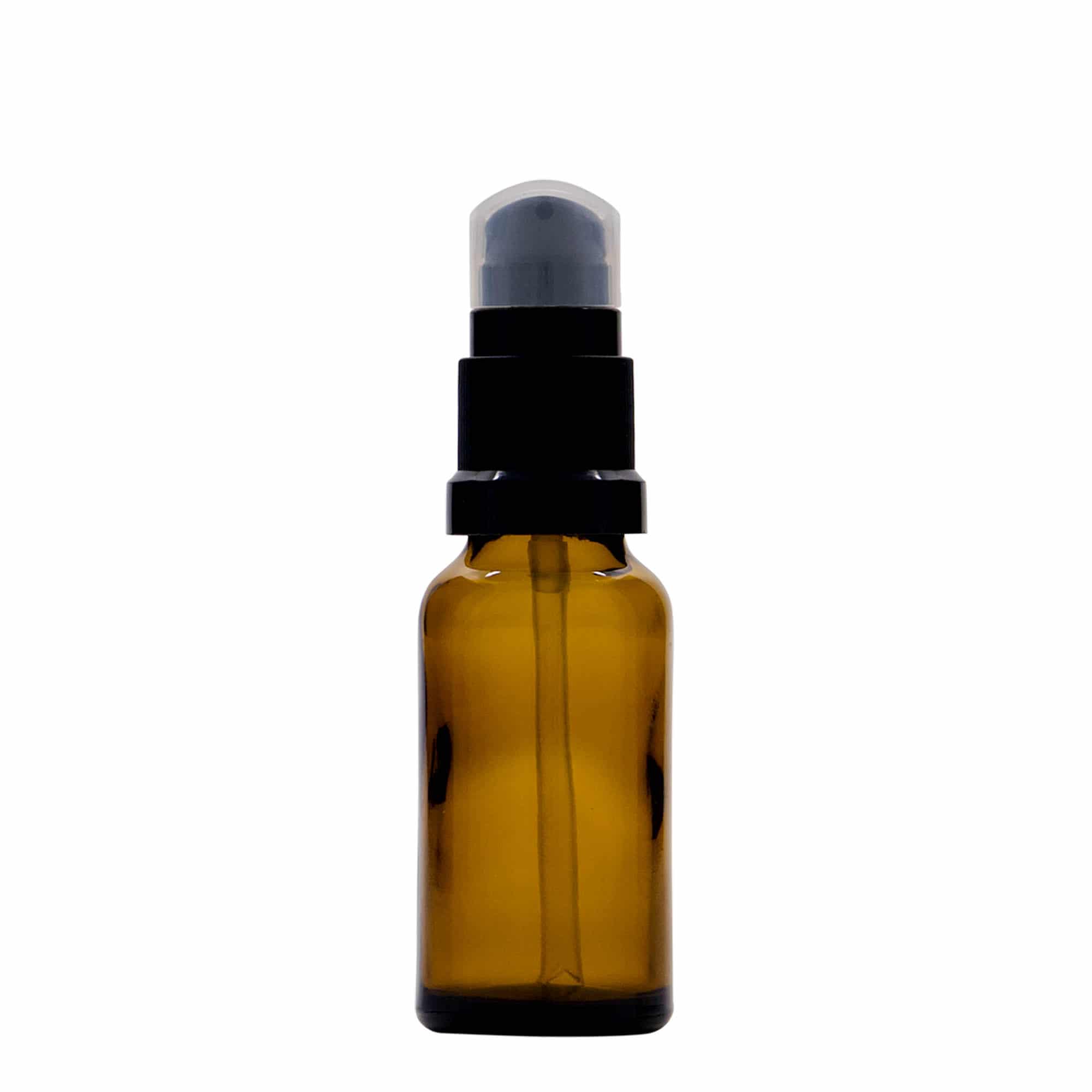 20 ml medisinsk flaske med lotionpumpe, glass, brun, åpning: DIN 18