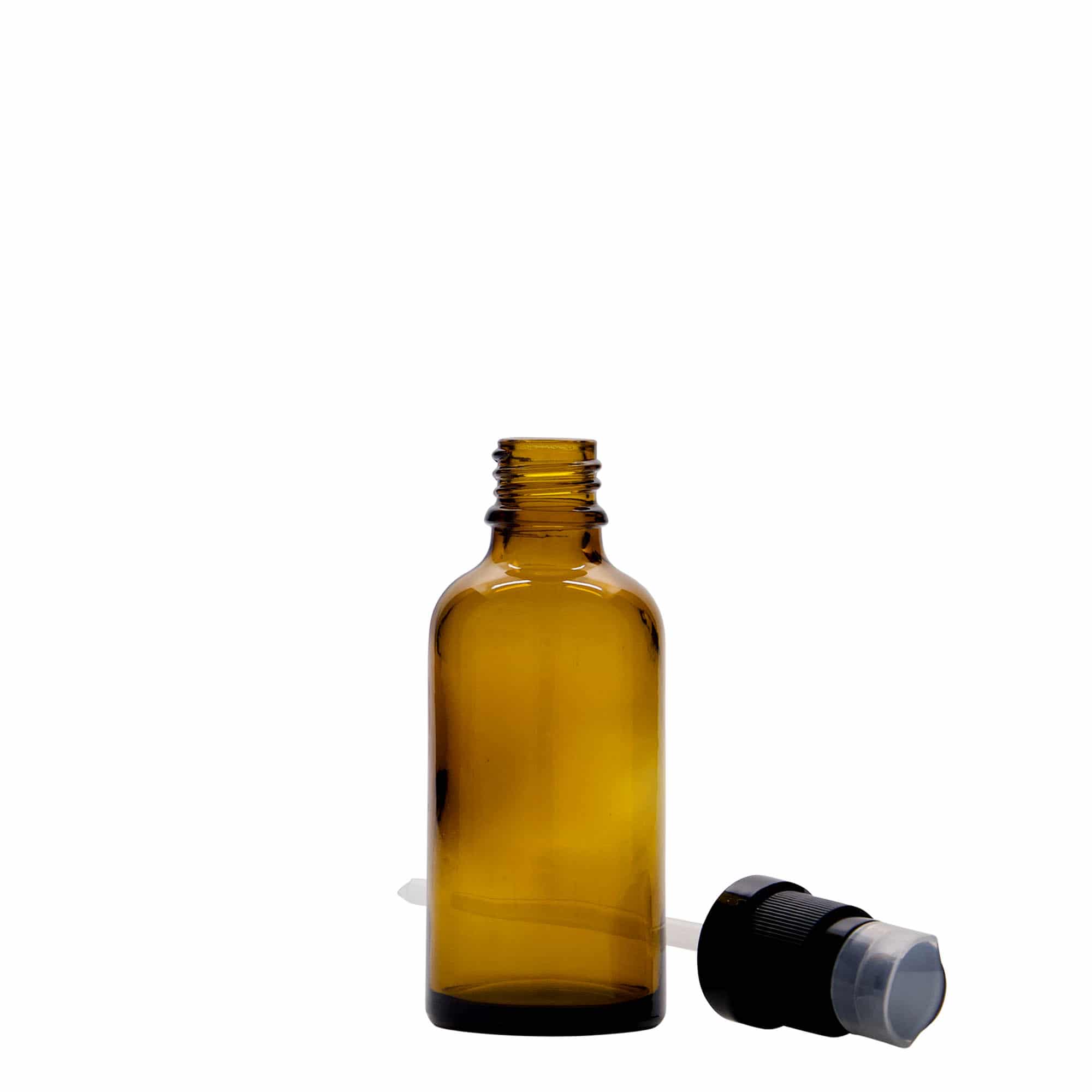 50 ml medisinsk flaske med lotionpumpe, glass, brun, åpning: DIN 18
