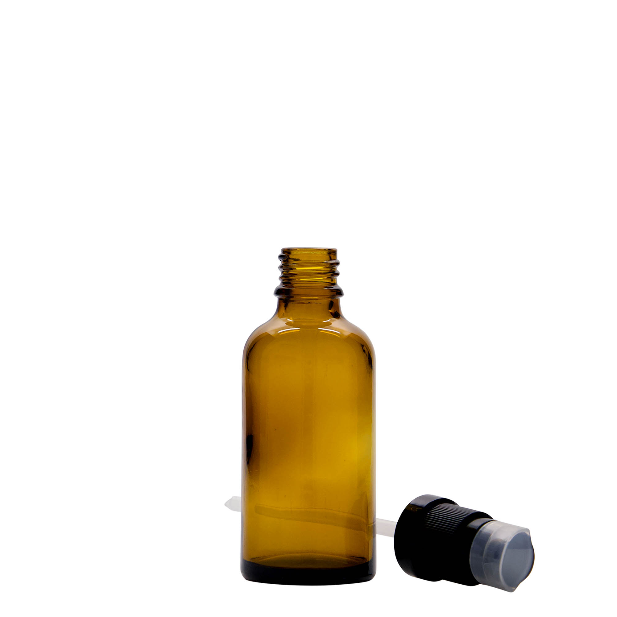 50 ml medisinsk flaske med lotionpumpe, glass, brun, åpning: DIN 18