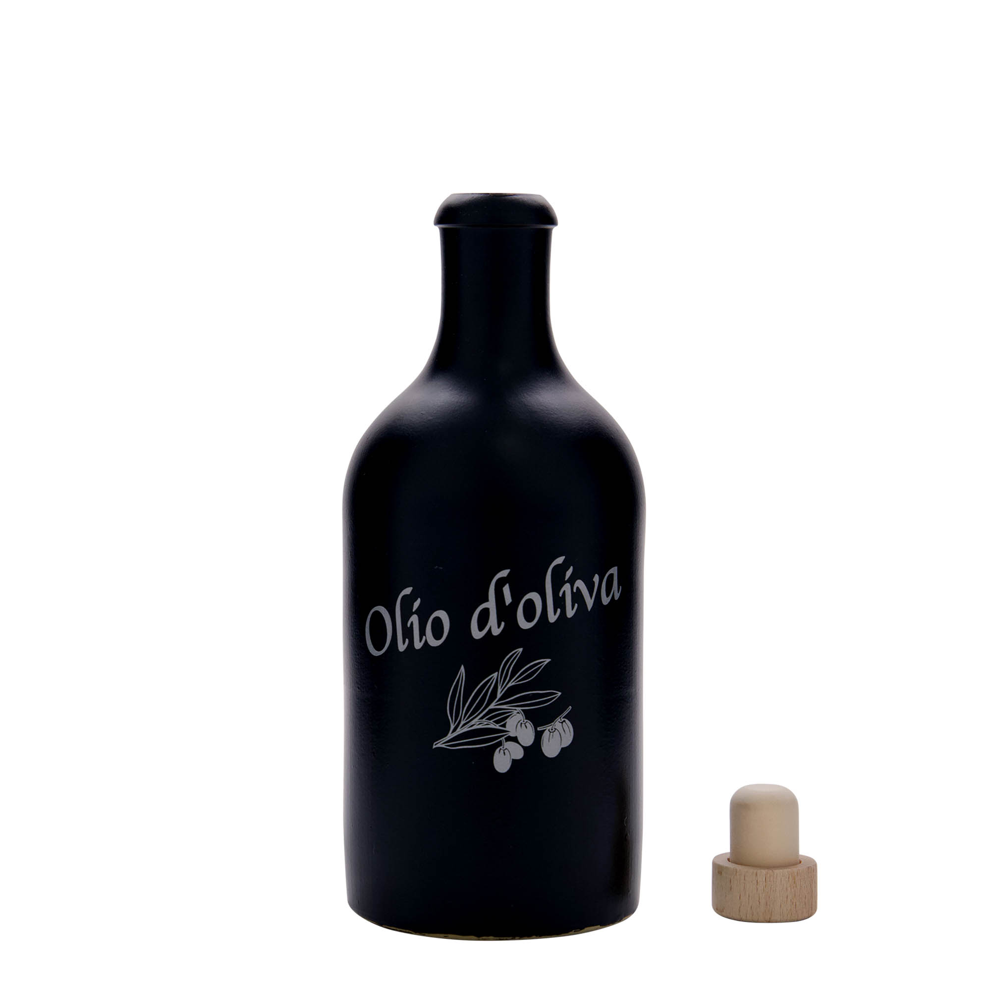 500 ml tonnekanne, motiv: olivenolje, steingods, svart, munnstykke: kork