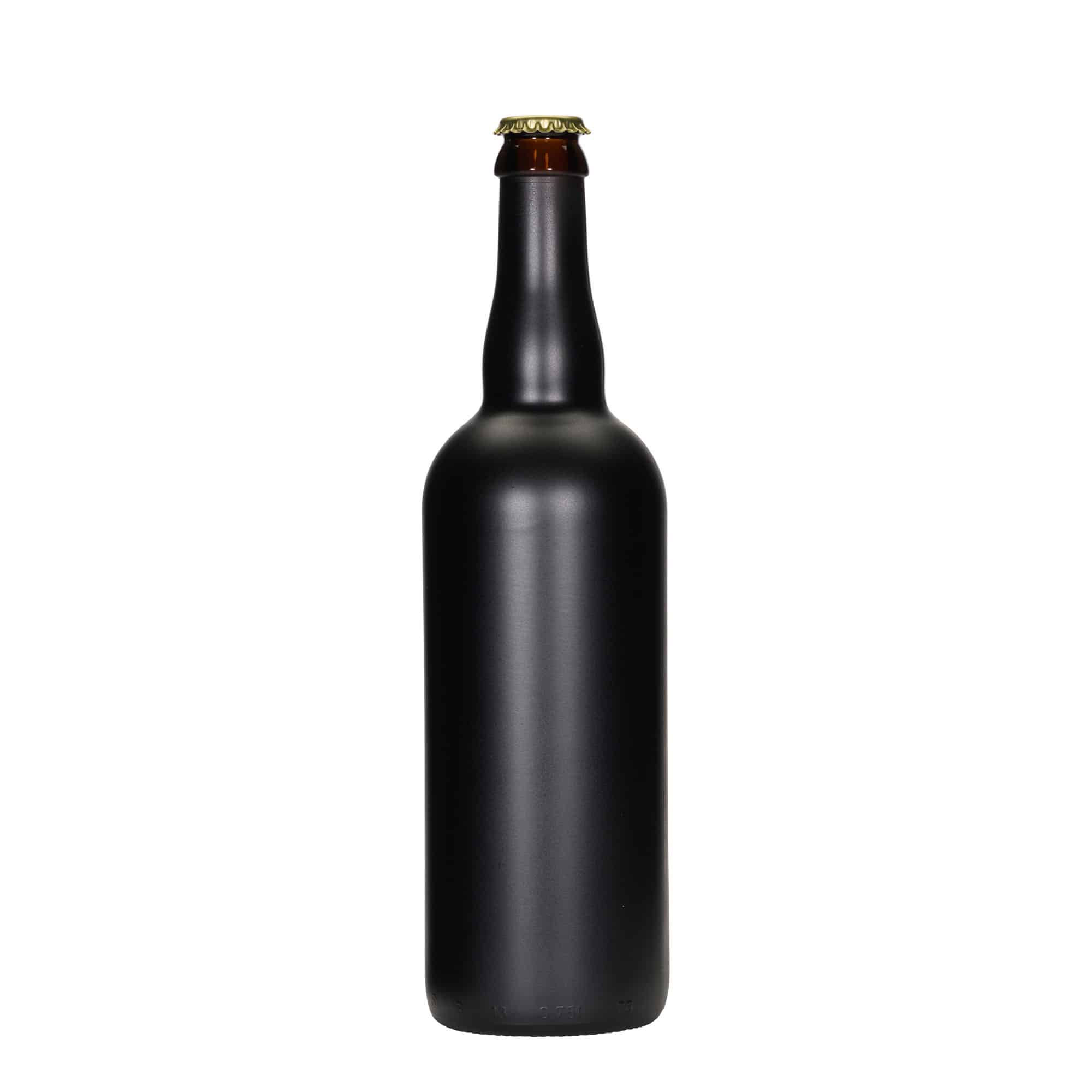 750 ml ølflaske Belgia, glass, svart, åpning: kronekork