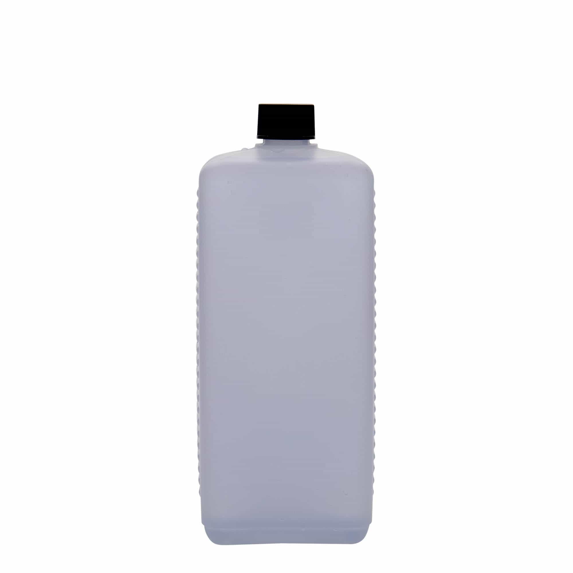 1000 ml beholderflaske, firkantet, HDPE-plast, natur, åpning: DIN 25 EPE