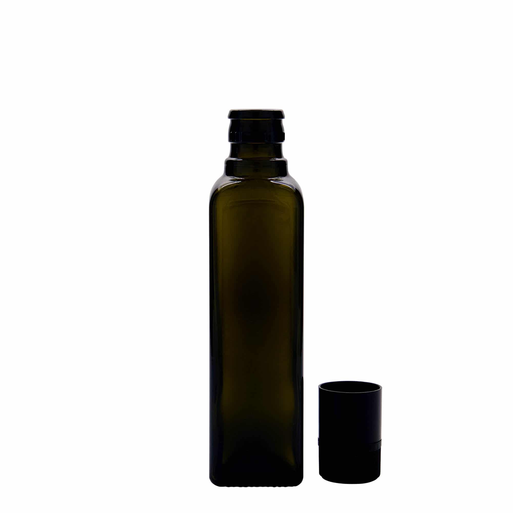 250 ml eddik-/oljeflaske "Quadra", glass, kvadratisk, antikkgrønn, åpning: DOP