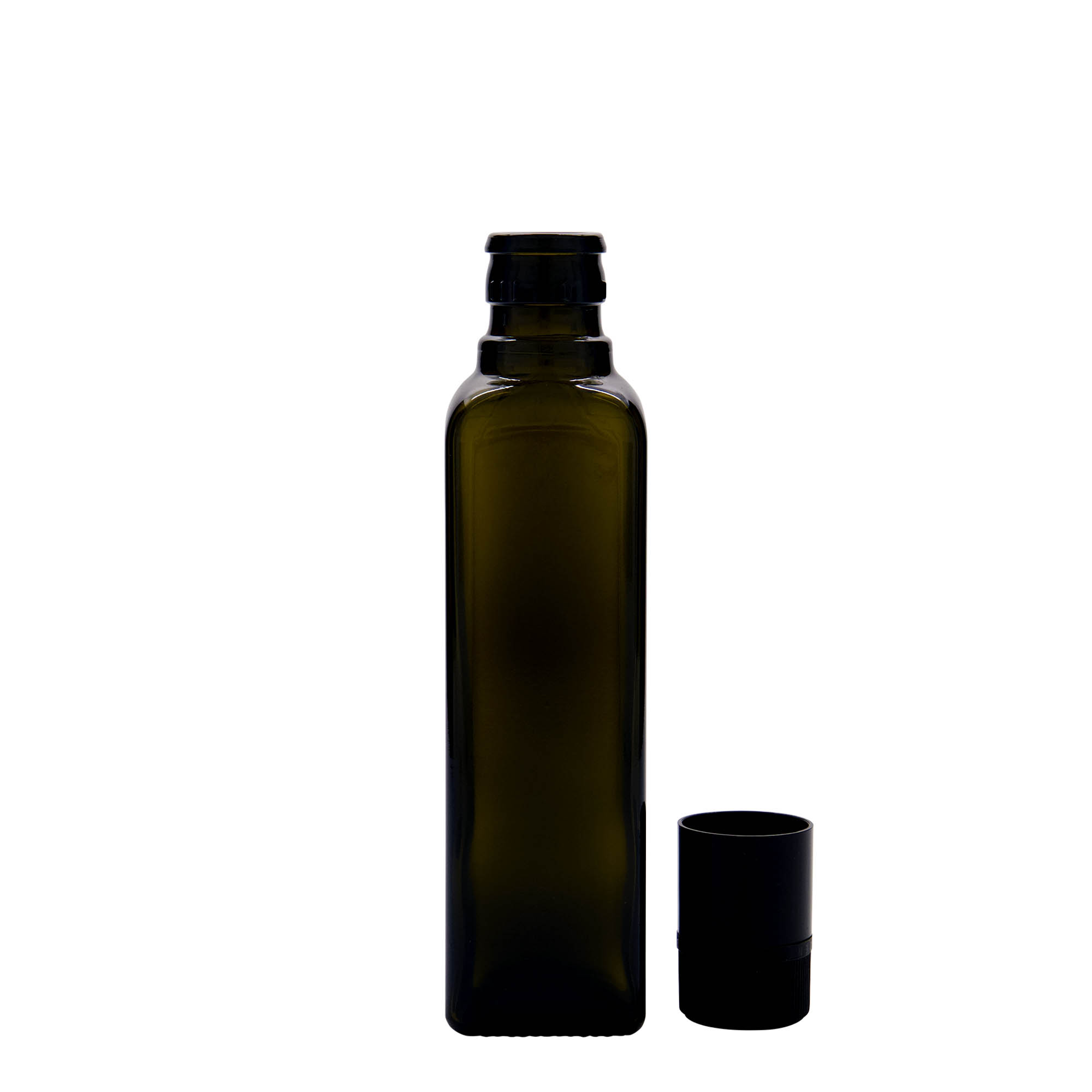 250 ml eddik-/olje flaske 'Quadra', glass, firkantet, antikkgrønn, åpning: DOP