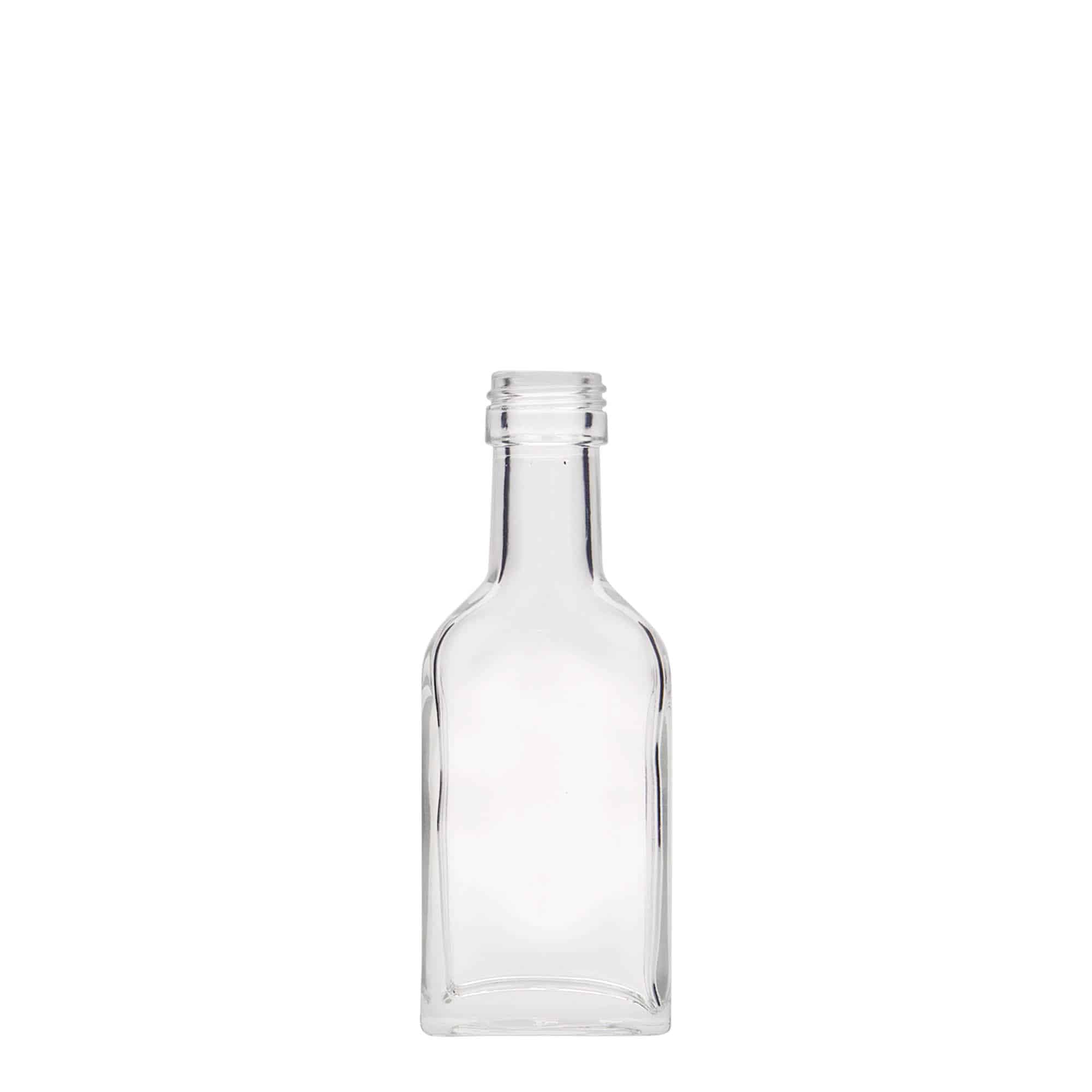 40 ml lommeflaske lang hals, firkantet, glass, åpning: PP 22 40 ml lommeflaske lang hals, firkantet, glass, åpning: PP 22