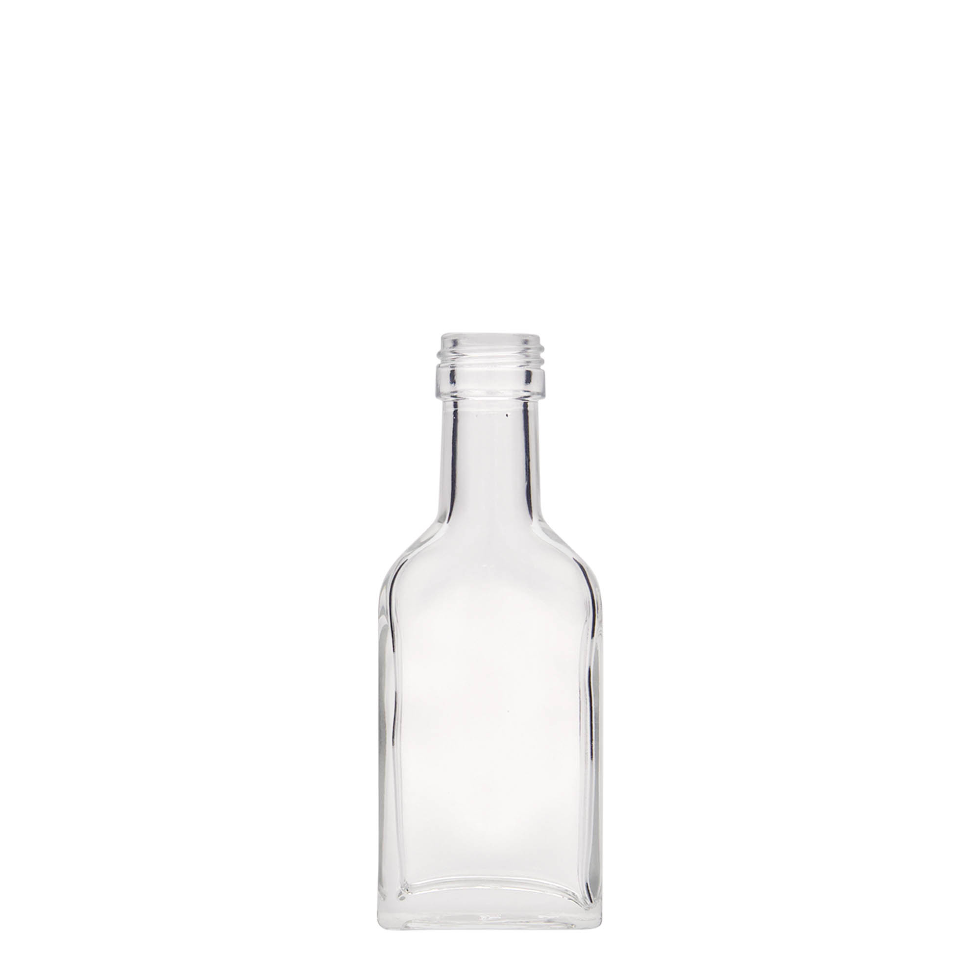 40 ml lommeflaske med lang hals, rektangulær, glass, åpning: PP 22 40 ml lommeflaske med lang hals, rektangulær, glass, åpning: PP 22