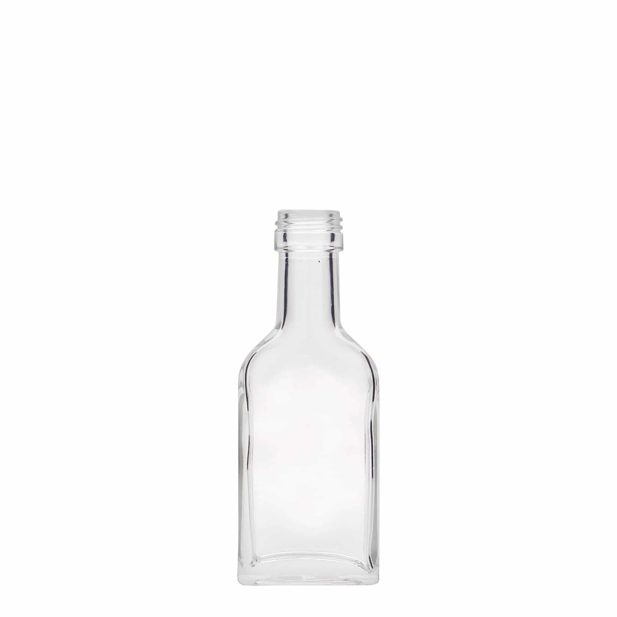 40 ml lommeflaske med lang hals, rektangulær, glass, åpning: PP 22