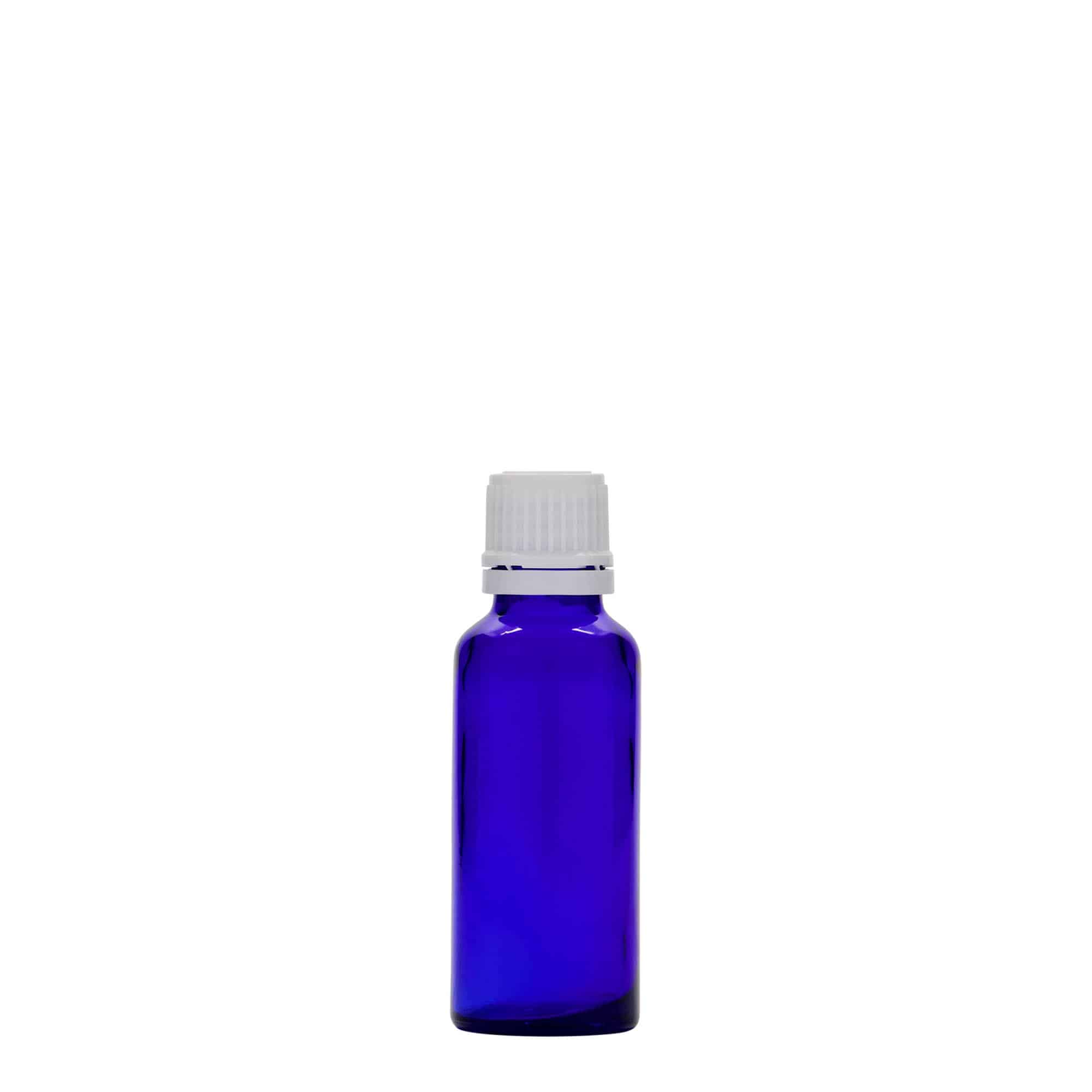 30 ml medisinflaske, glass, kongeblå, åpning: DIN 18
