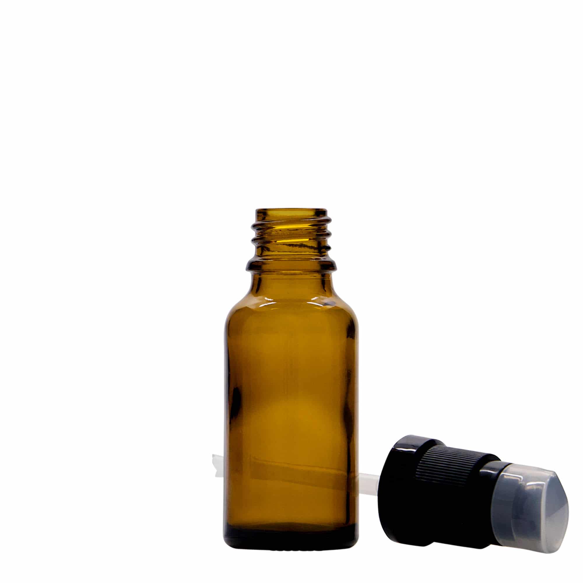 20 ml medisinflaske med lotionpumpe, glass, brun, åpning: DIN 18