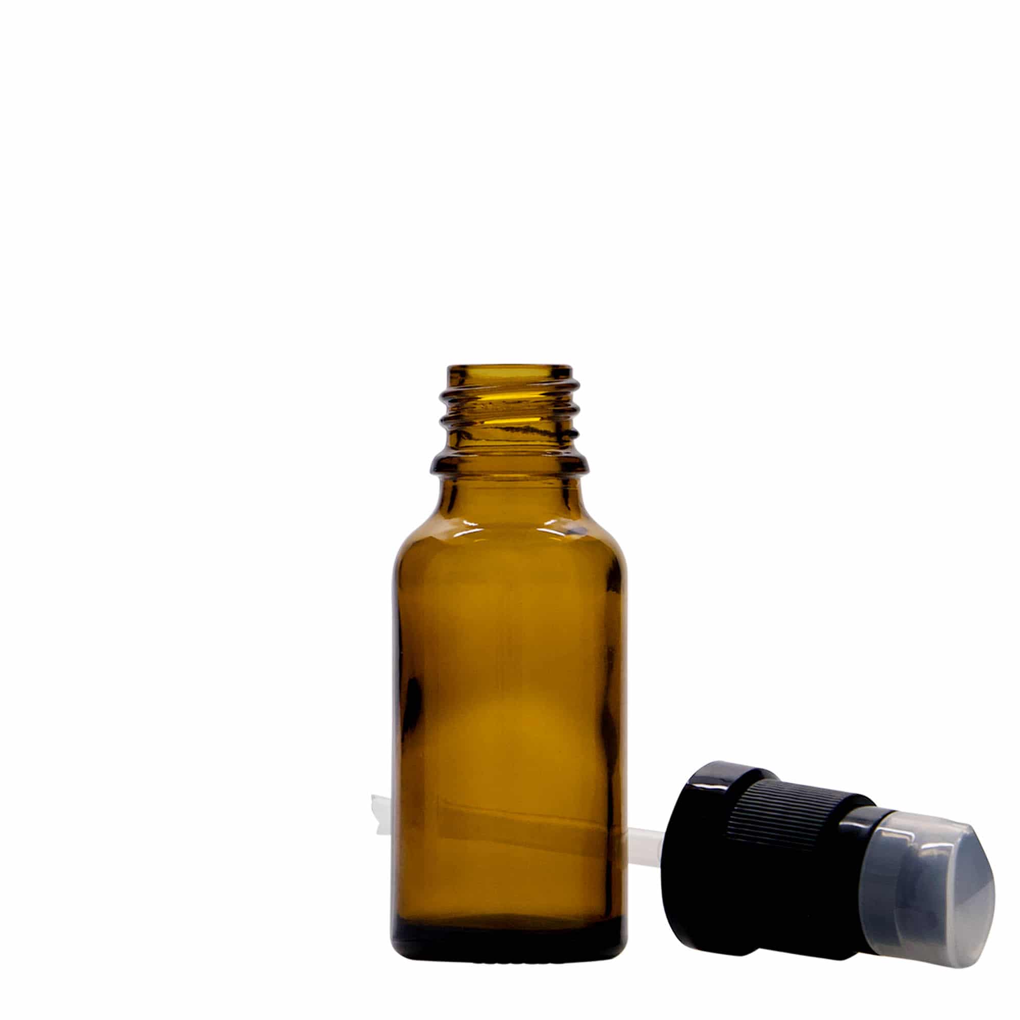 20 ml medisinsk flaske med lotionpumpe, glass, brun, åpning: DIN 18