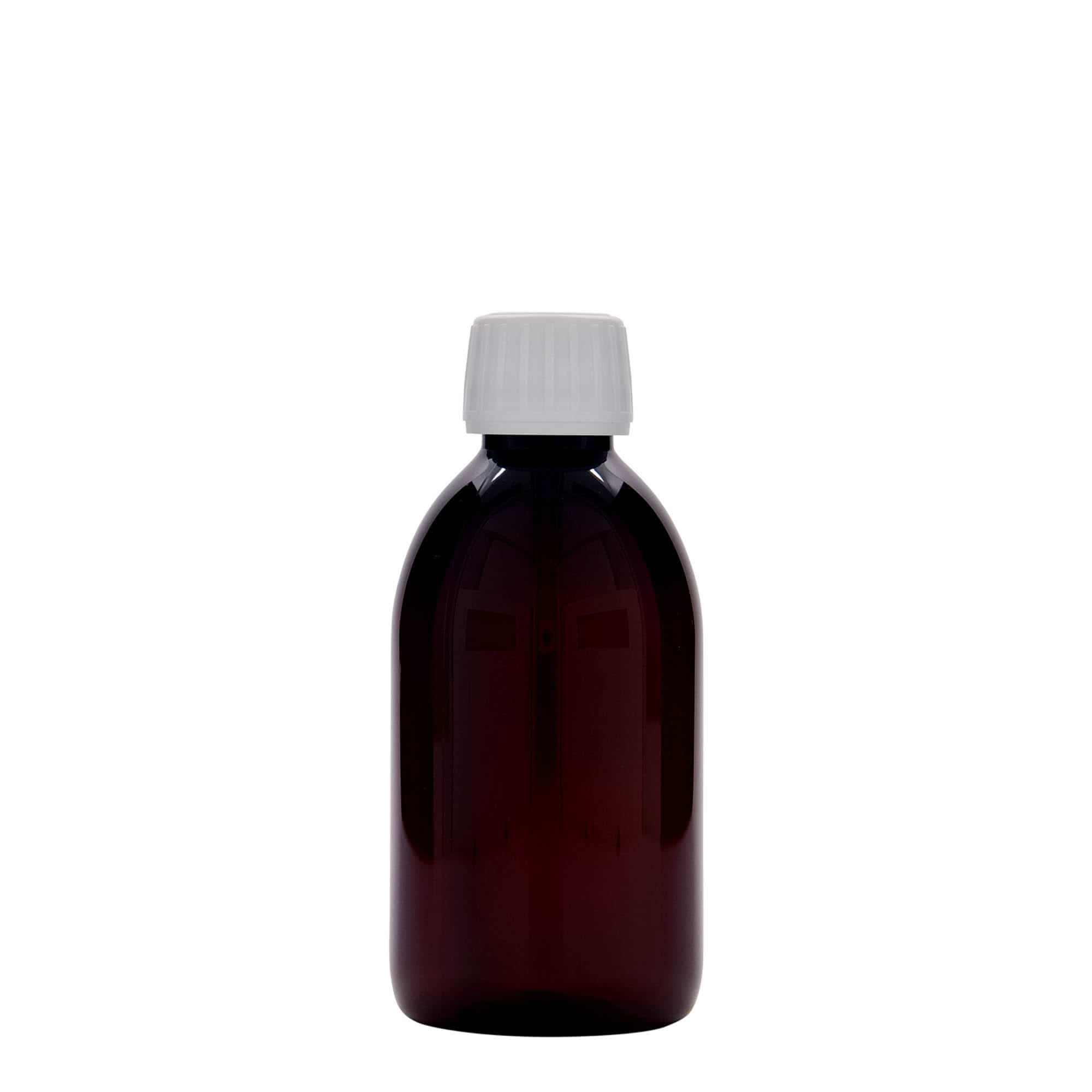 250 ml PET-medisinflaske, brun, plast, åpning: PP 28