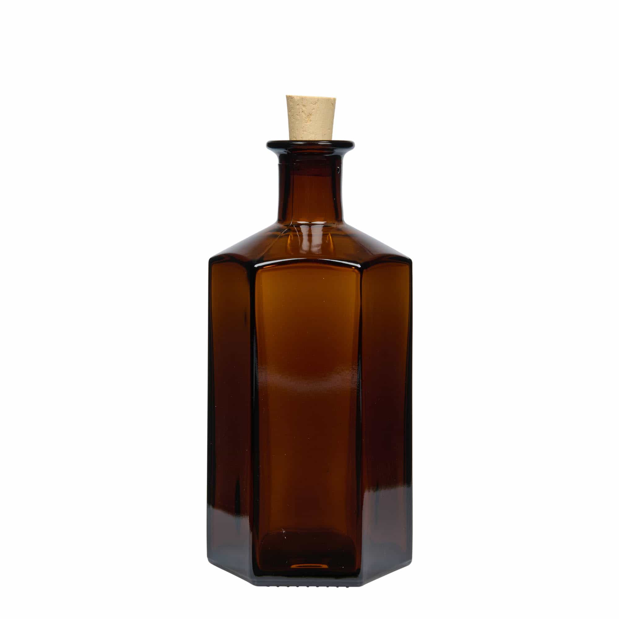 500 ml glassflaske Apothecary 'Jimmy'. sekskantet. brun. Munn: kork