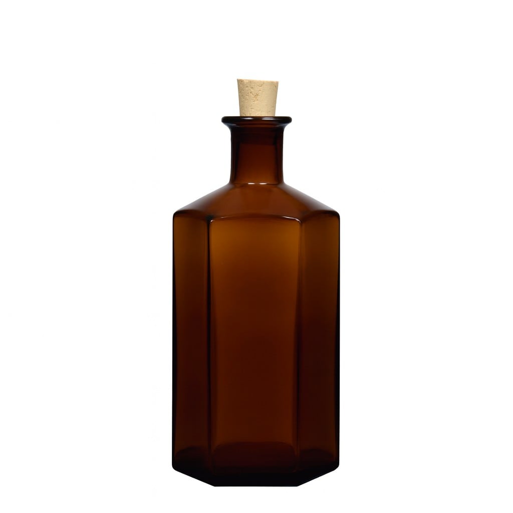 500 ml glassflaske apotek 'Jimmy', sekskantet, brun, åpning: kork
