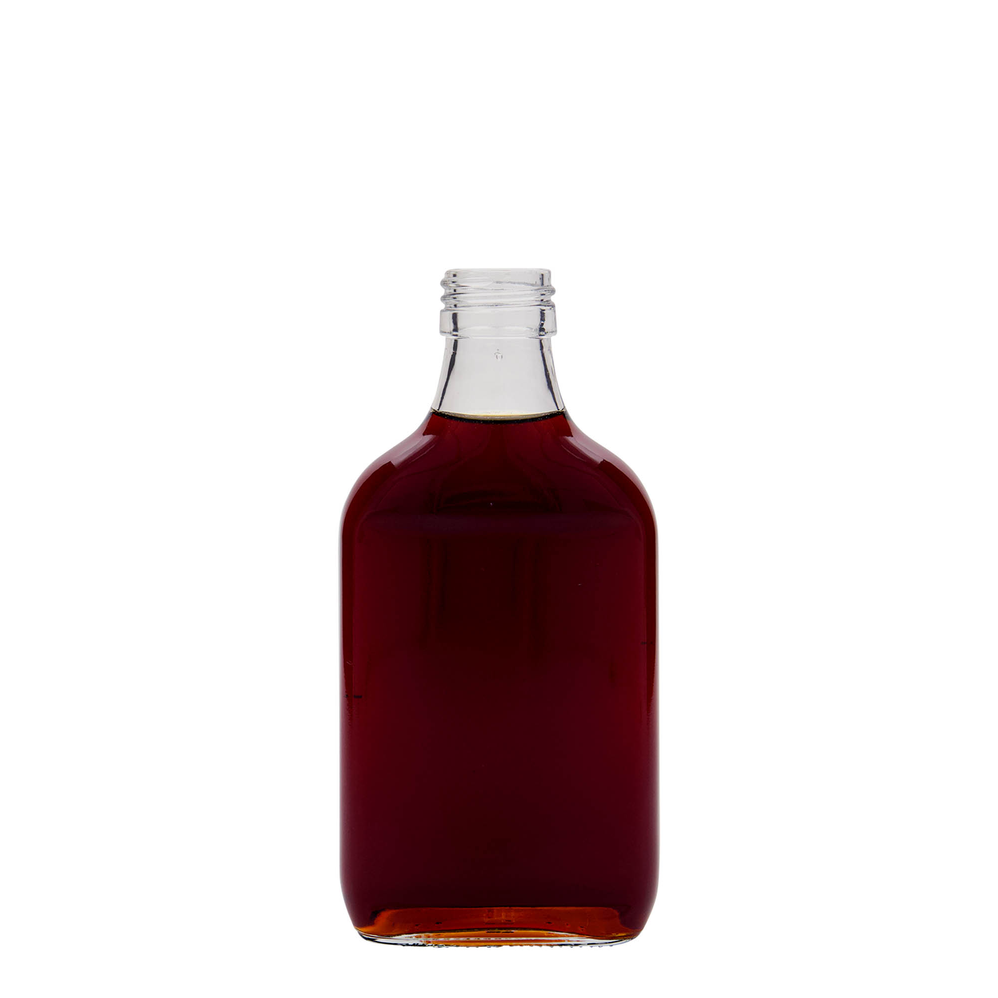 200 ml lommeflaske, rektangulær, glass, åpning: PP 28