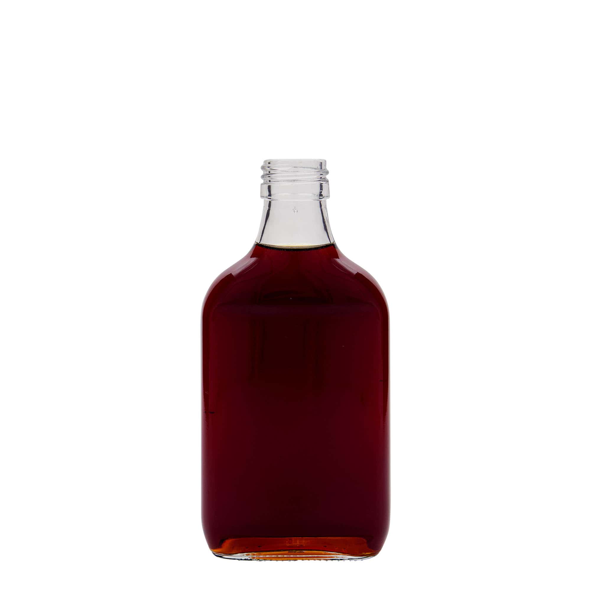 200 ml lommeflaske, rektangulær, glass, åpning: PP 28