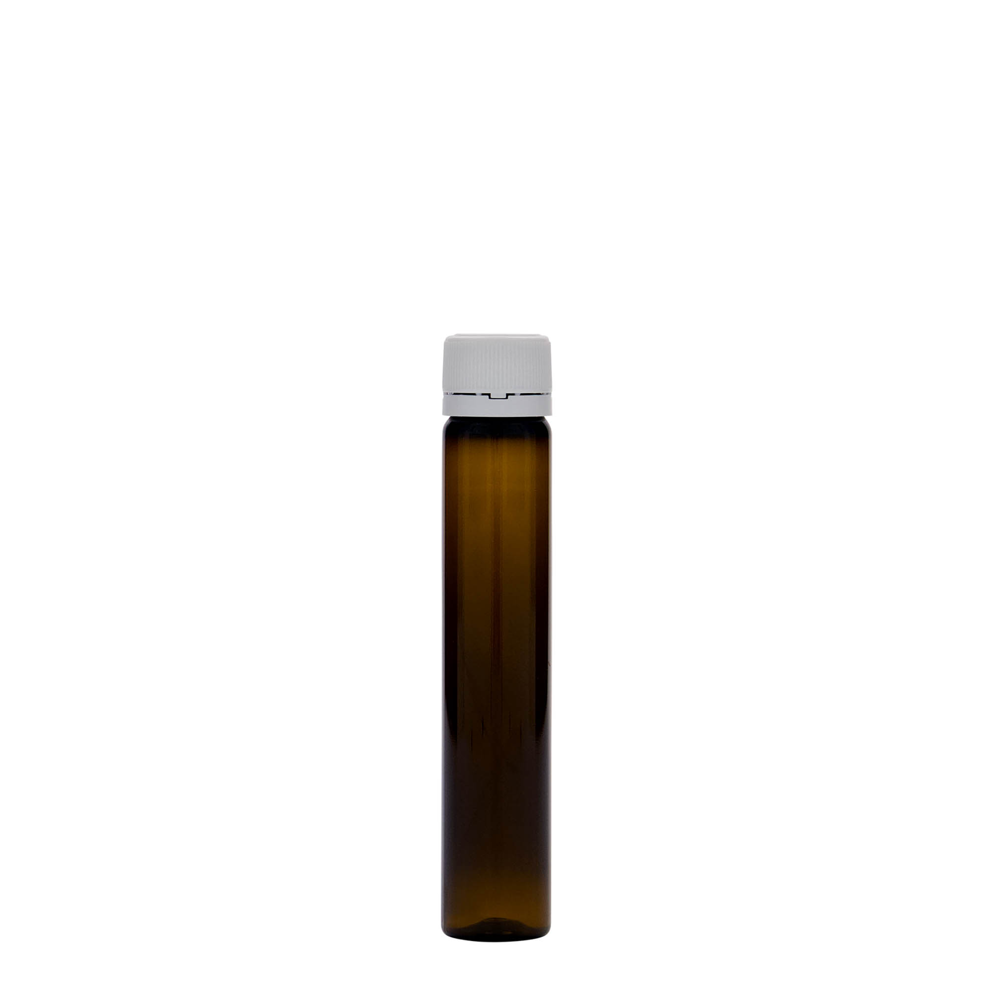 25 ml PET-rør, plast, brun, åpning: skrukork