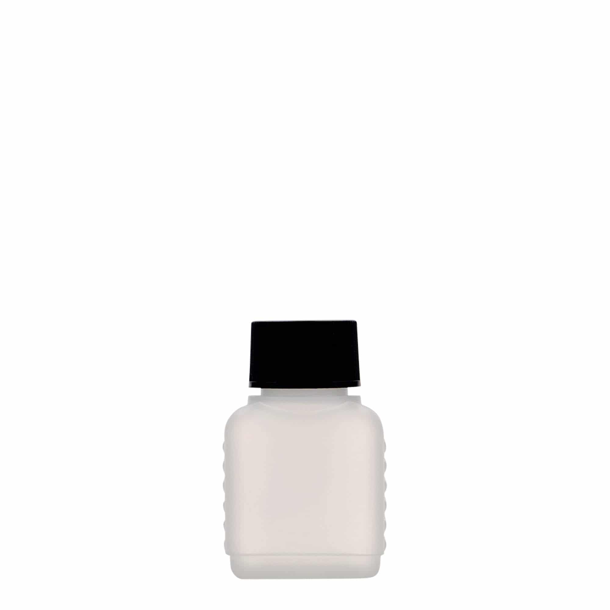 50 ml beholderflaske, firkantet, HDPE-plast, natur, åpning: DIN 25