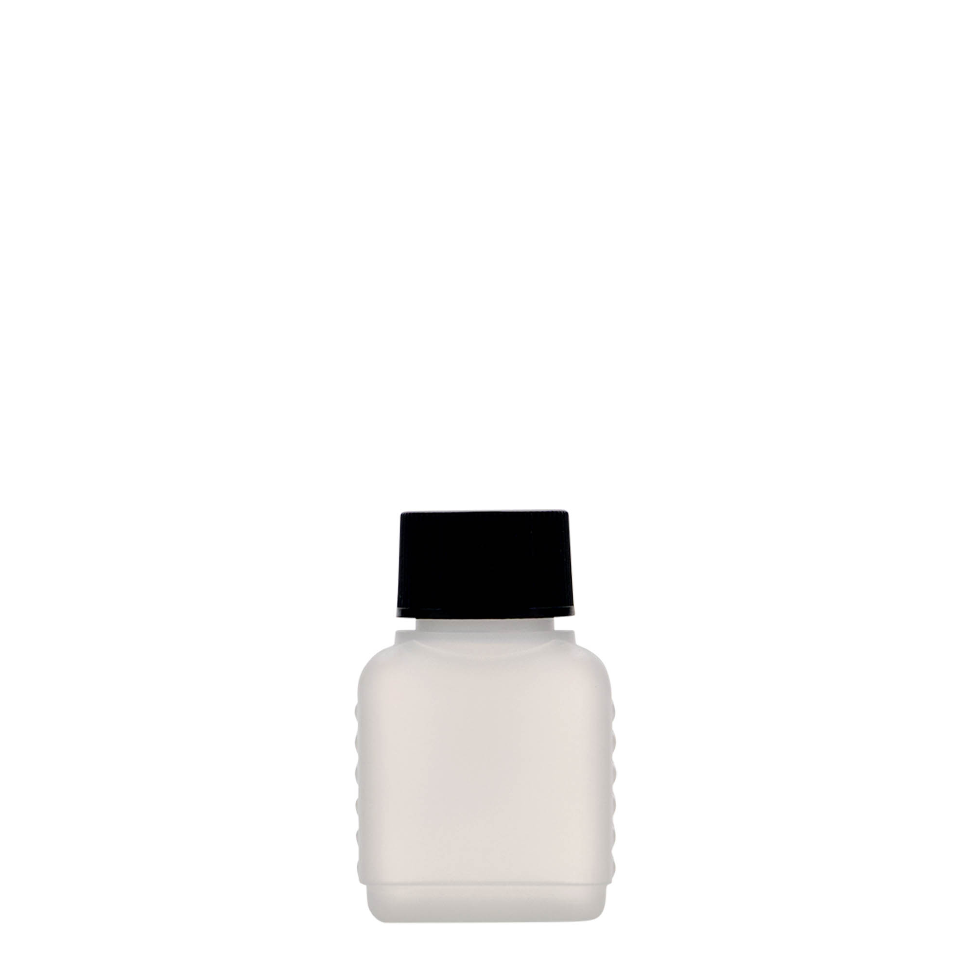 50 ml kanisterflaske, rektangulær, HDPE-plast, natur, åpning: DIN 25