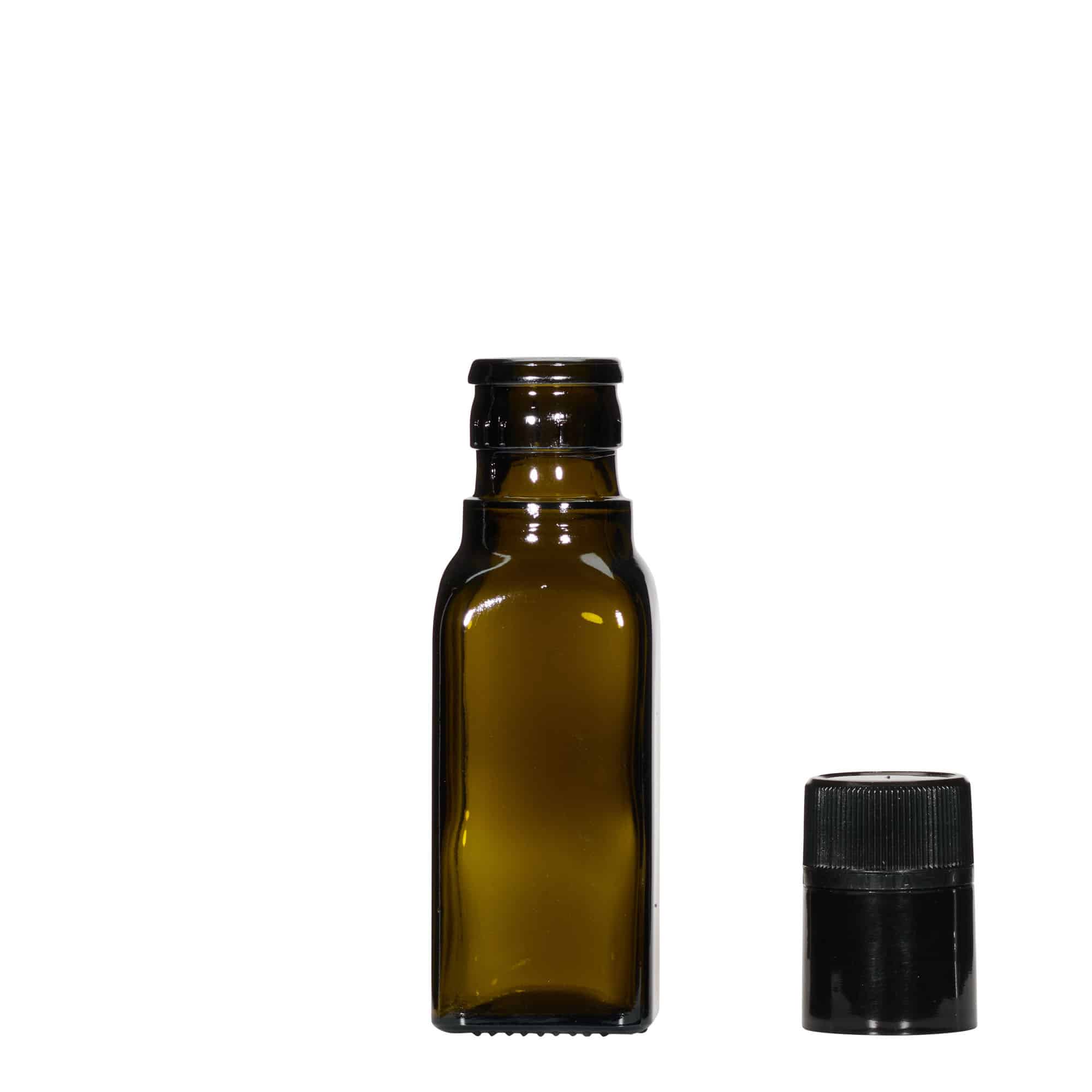 100 ml eddik-/oljeflaske "Quadra", glass, kvadratisk, antikkgrønn, åpning: DOP