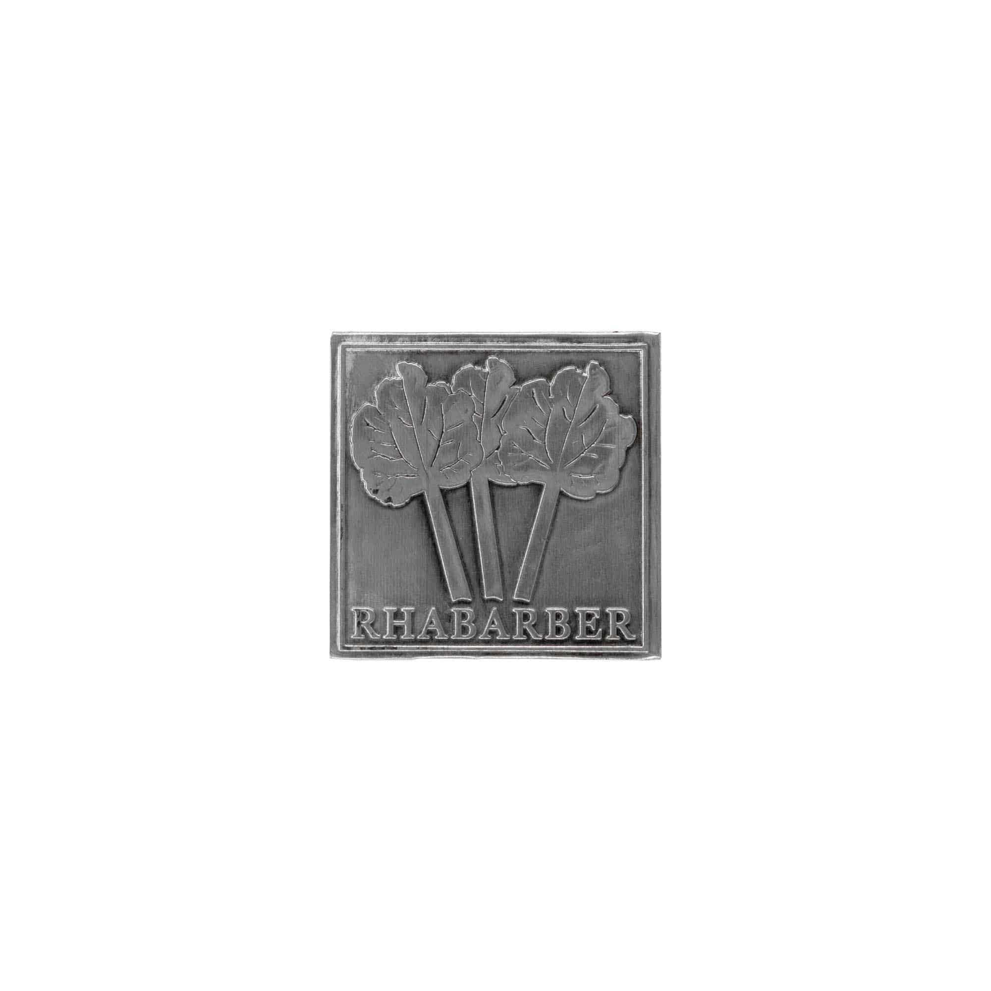 Tinnetikett "Rabarbra", kvadratisk, metall, sølv Tinnetikett "Rabarbra", kvadratisk, metall, sølv