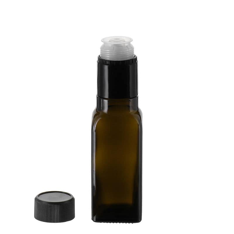 100 ml eddik-/oljeflaske "Quadra", glass, kvadratisk, antikkgrønn, åpning: DOP