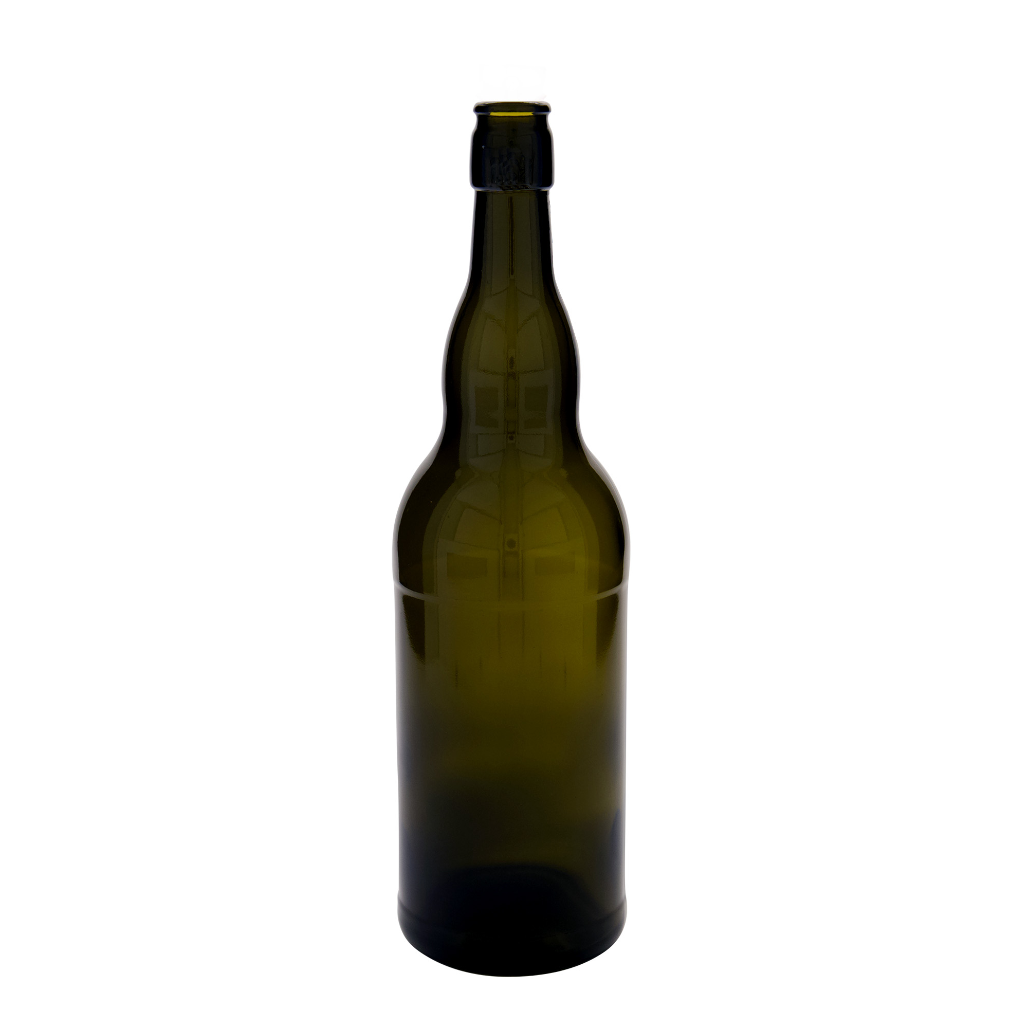 1.000 ml ølflaske Belgia, glass, antikkgrønn, åpning: patentkork