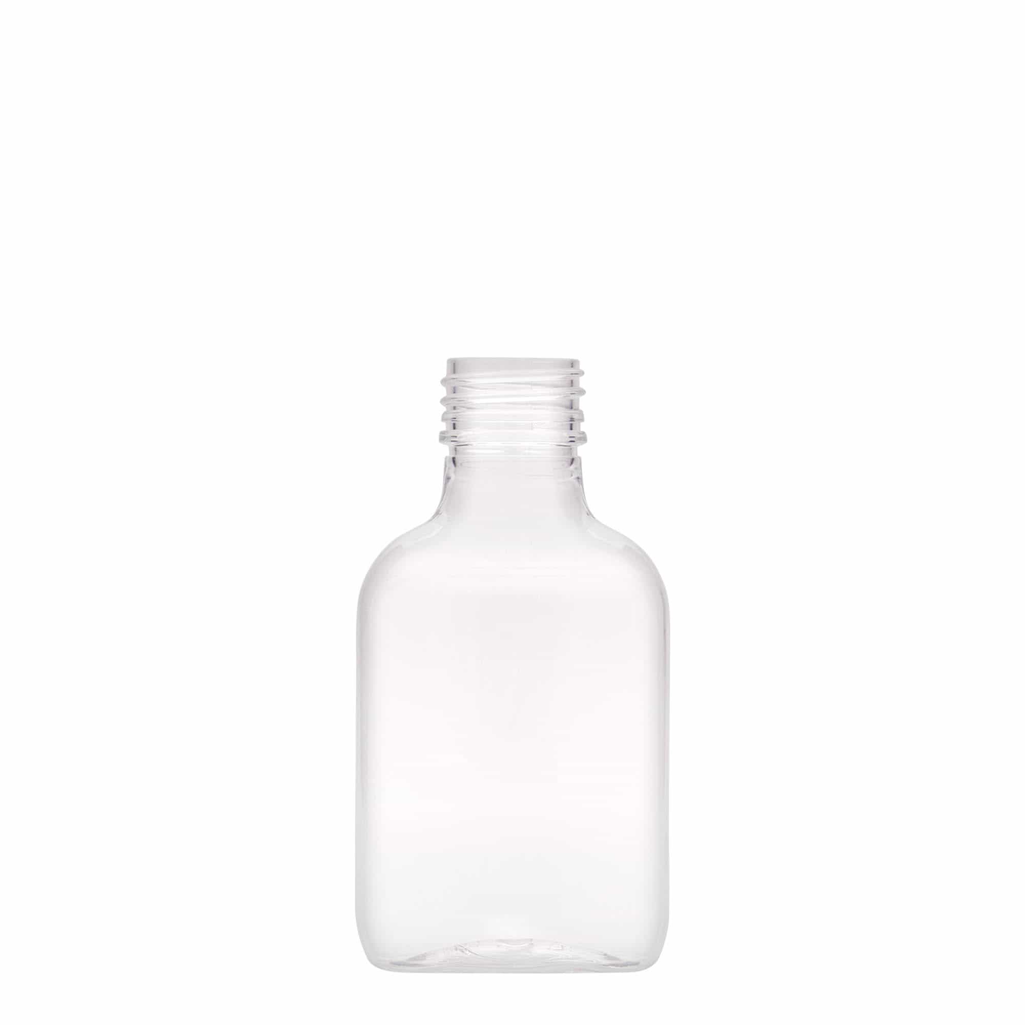 100 ml lommeflaske, oval, PET-plast, åpning: PP 28 100 ml lommeflaske, oval, PET-plast, åpning: PP 28