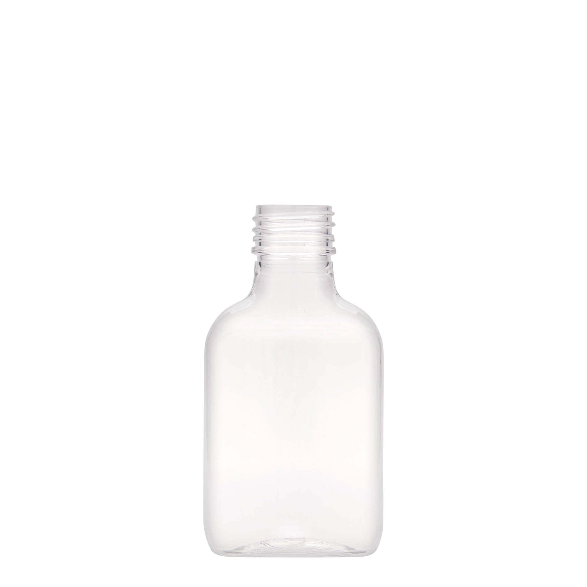 100 ml lommeflaske, oval, PET-plast, åpning: PP 28