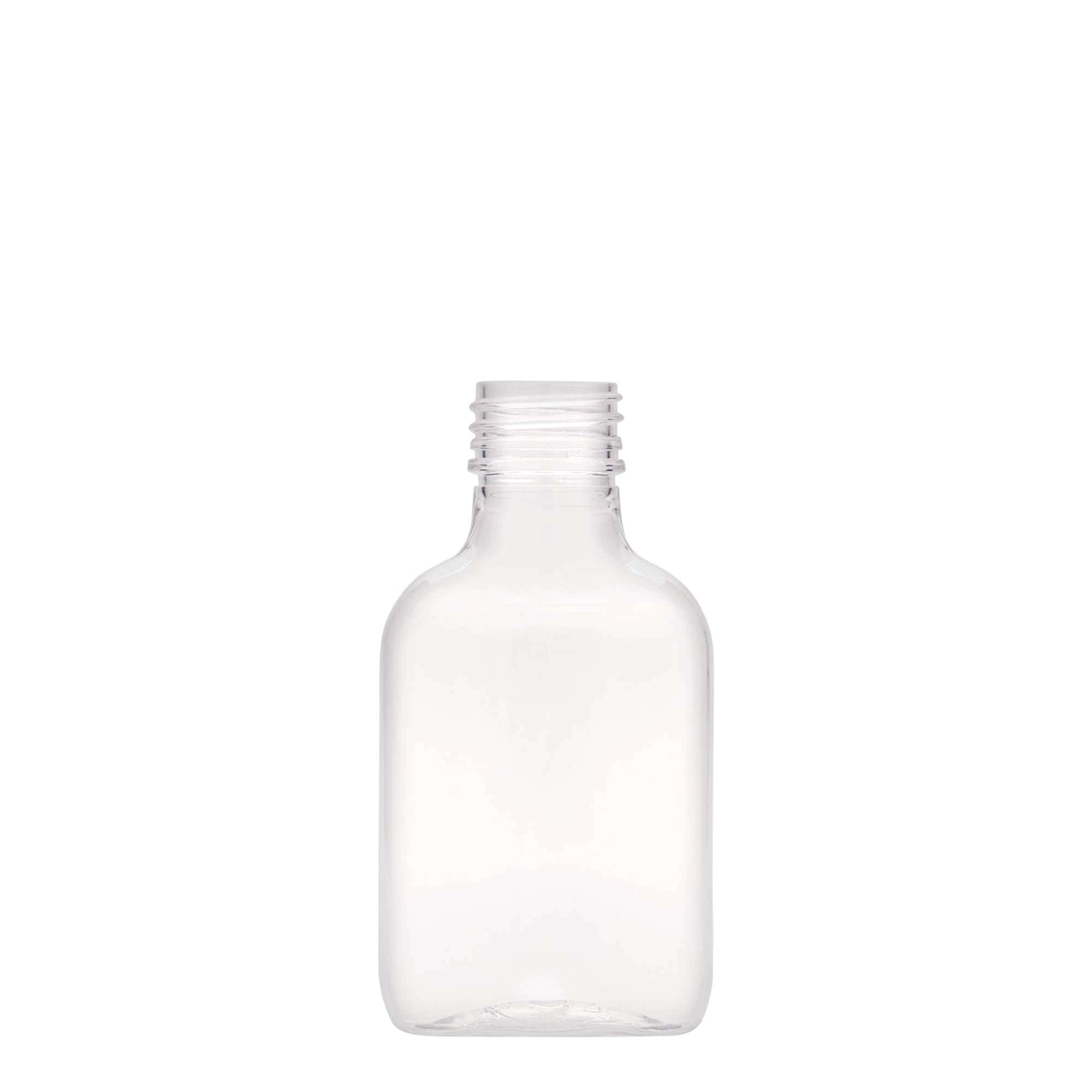 100 ml lommeflaske, oval, PET-plast, åpning: PP 28