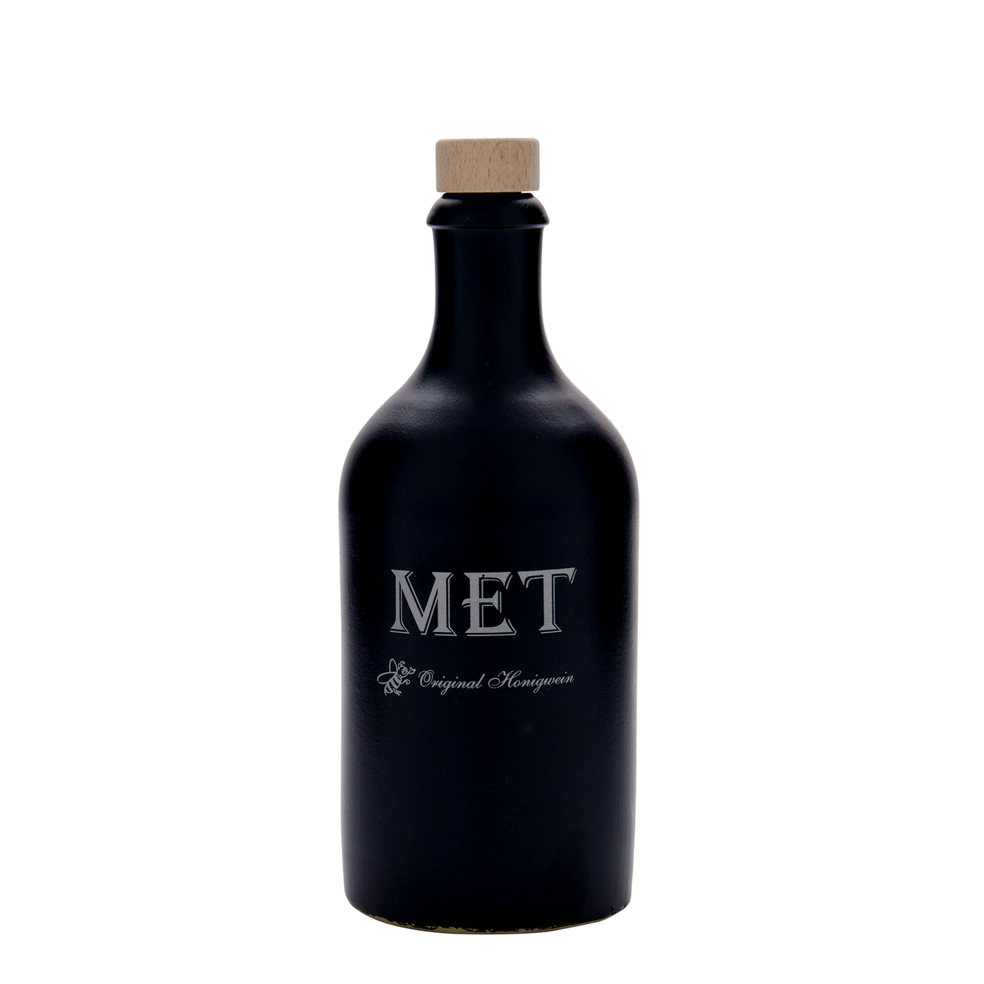 500 ml krukke i leire, motiv: mjød, steingods, svart, åpning: kork