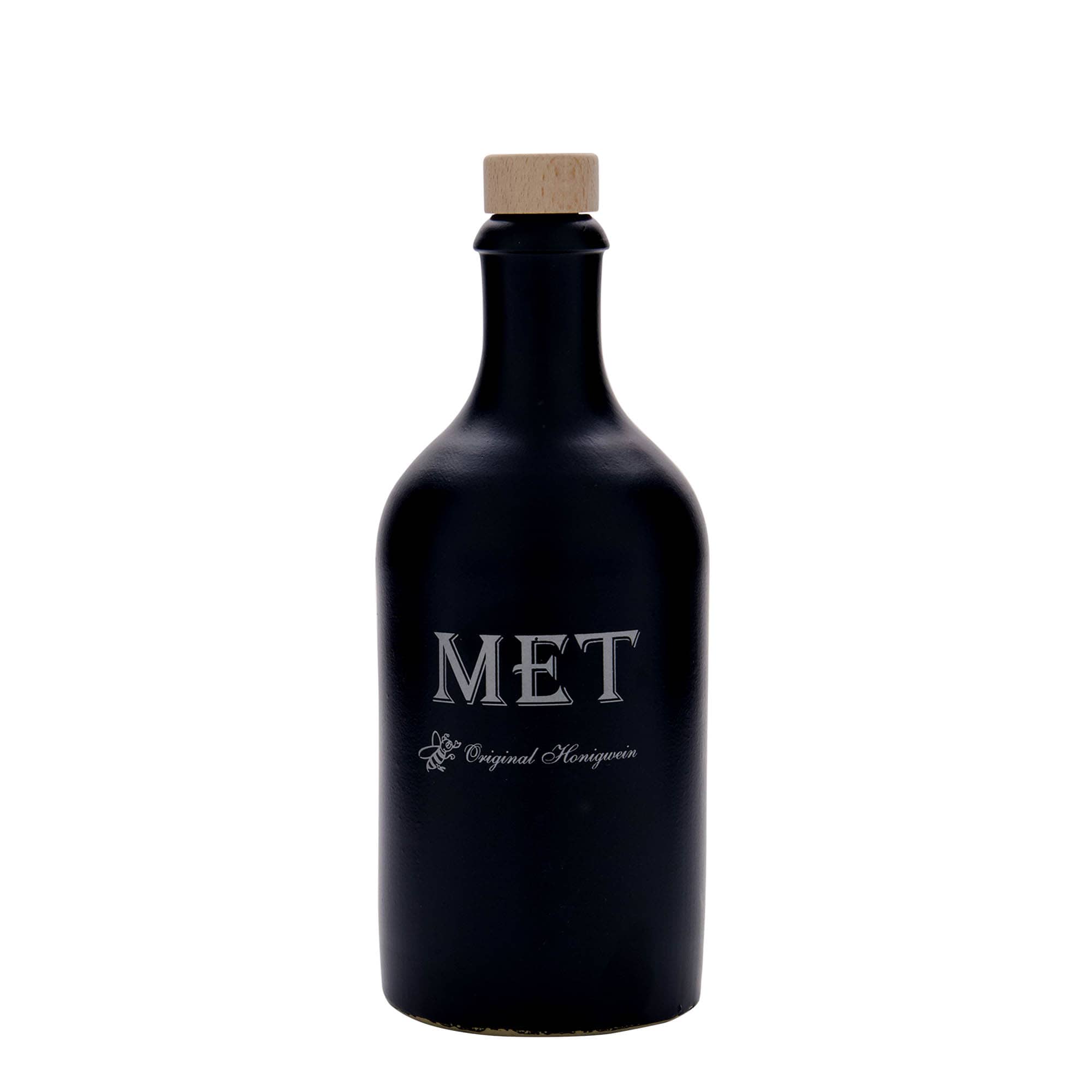 500 ml krukke i leire, motiv: mjød, steingods, svart, åpning: kork